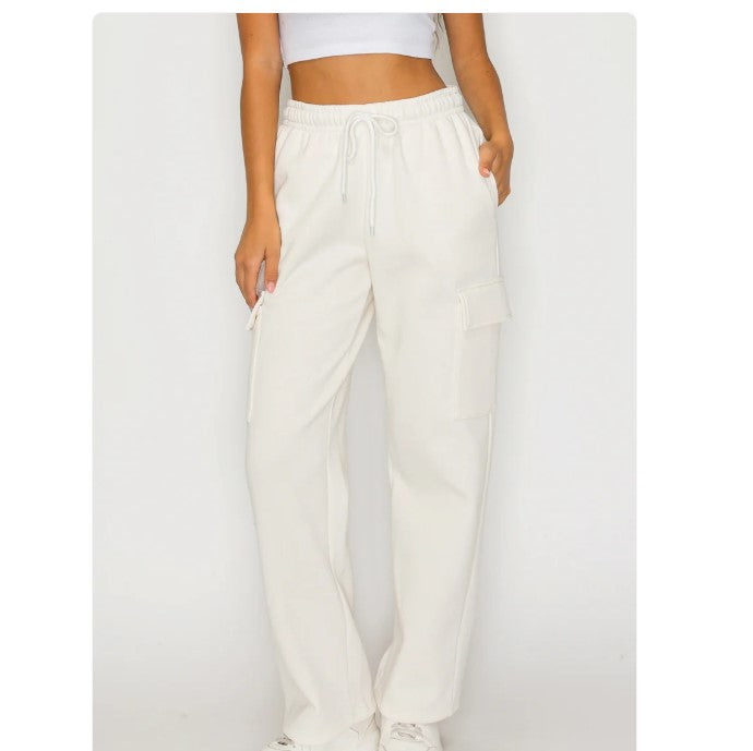 Surf World Straight Leg Soft Fleece Cargo Pants - Ivory womens pants