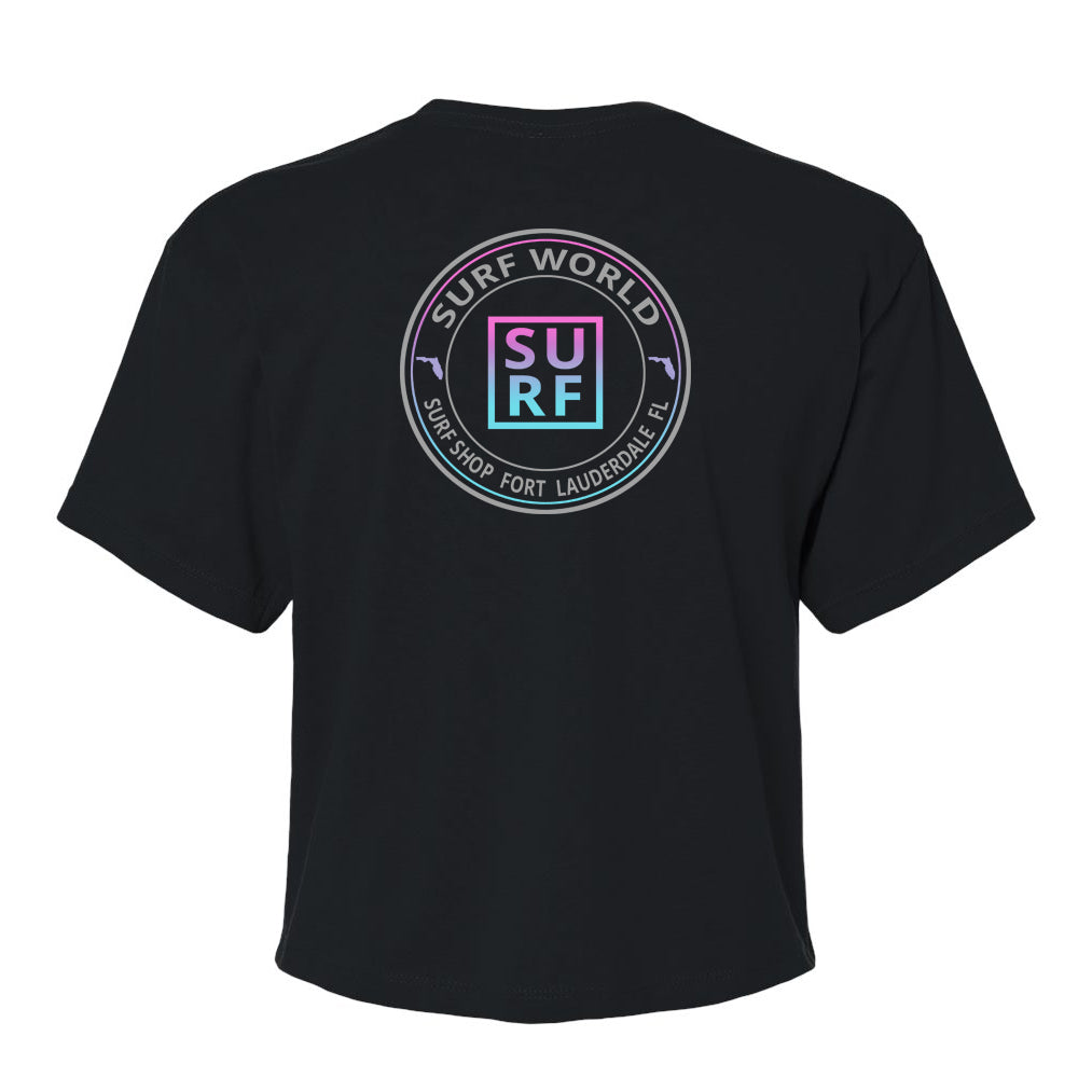 Surf World Circle Logo Crop Tee - Black Womens T Shirt