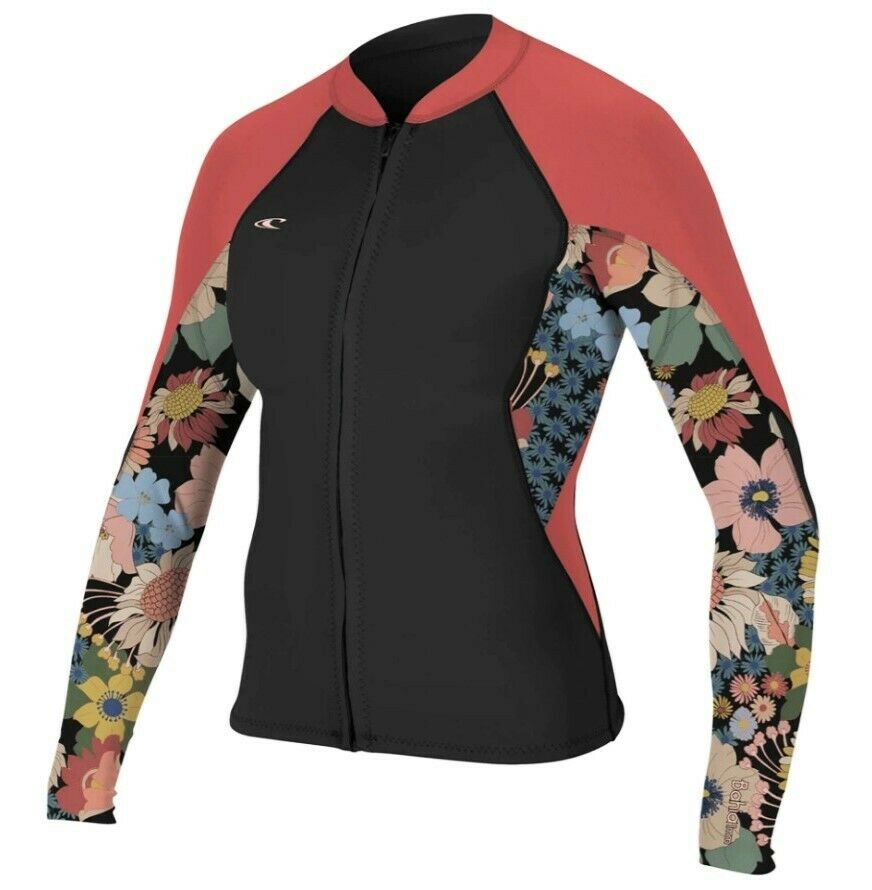Oneill Womens Bahia Full Front Zip Wetsuit Slick Jacket 1.5mm Wetsuit Top 10 Black Rose