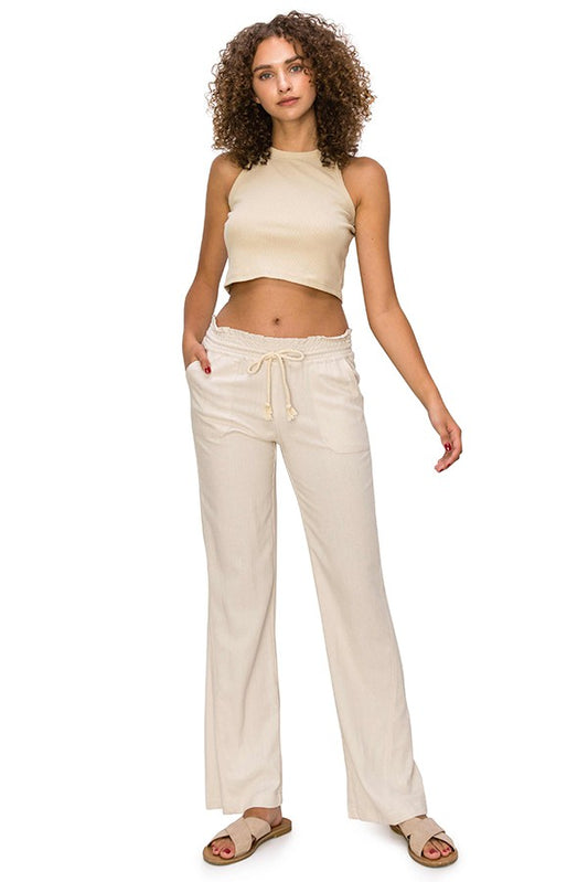 Cali Smocked Waist Linen Beach Pants - Sand Solid womens pants