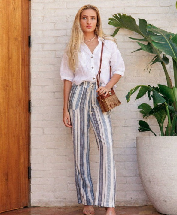 Cali Smocked Waist Linen Beach Trousers - Navy Ivory Stripe womens pants