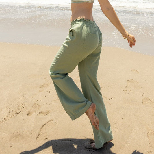 Cali Smocked Waist Linen Beach Pants - Sage Green womens pants
