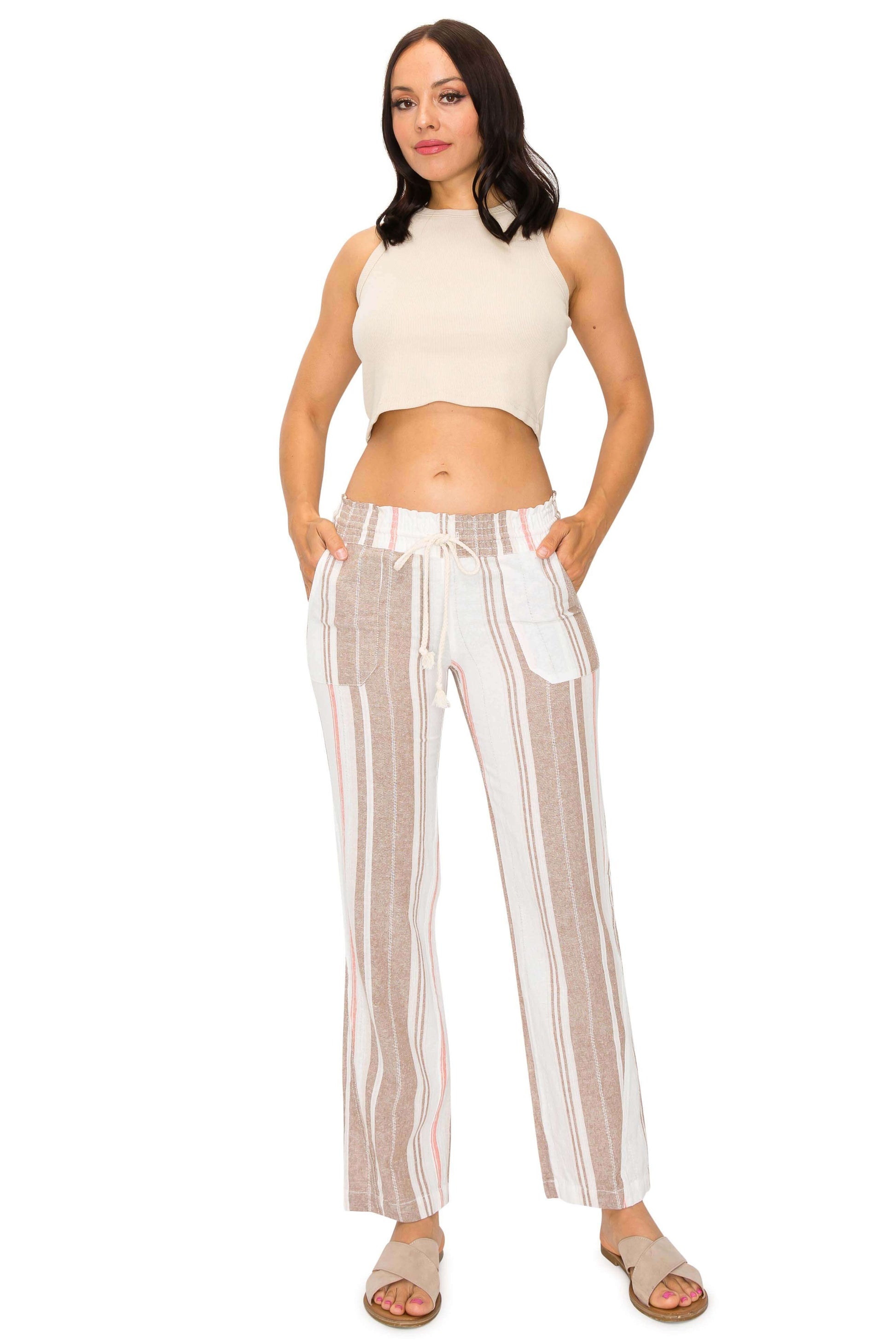 Cali 1850 Linen Beach Pant - Khaki Combo Stripe womens pants