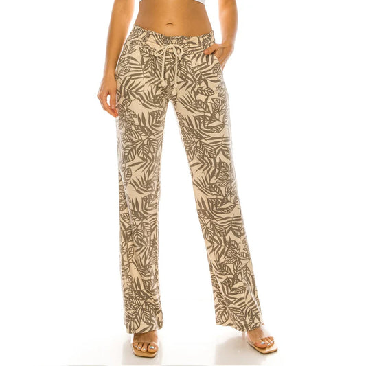 Cali Smocked Waist Linen Beach Pant - Palm Leaf Print womens pants