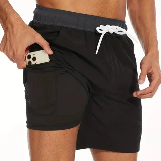 Surf World Elastic Solid Swim / Surf Shorts - Black Grey Mens Boardshorts