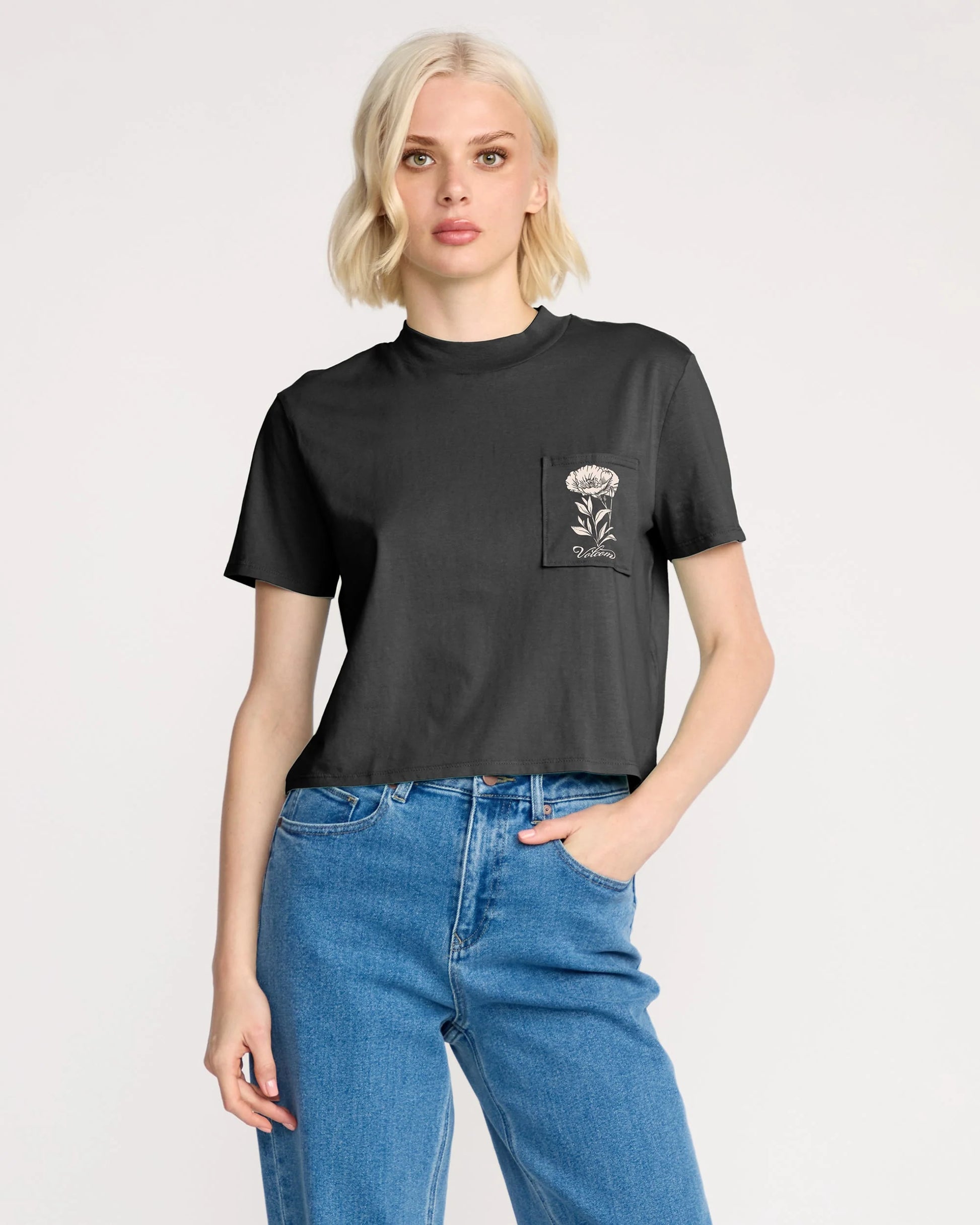 Volcom Pocket Dial Crop T Shirt - Black Flower Stone Womens T Shirt