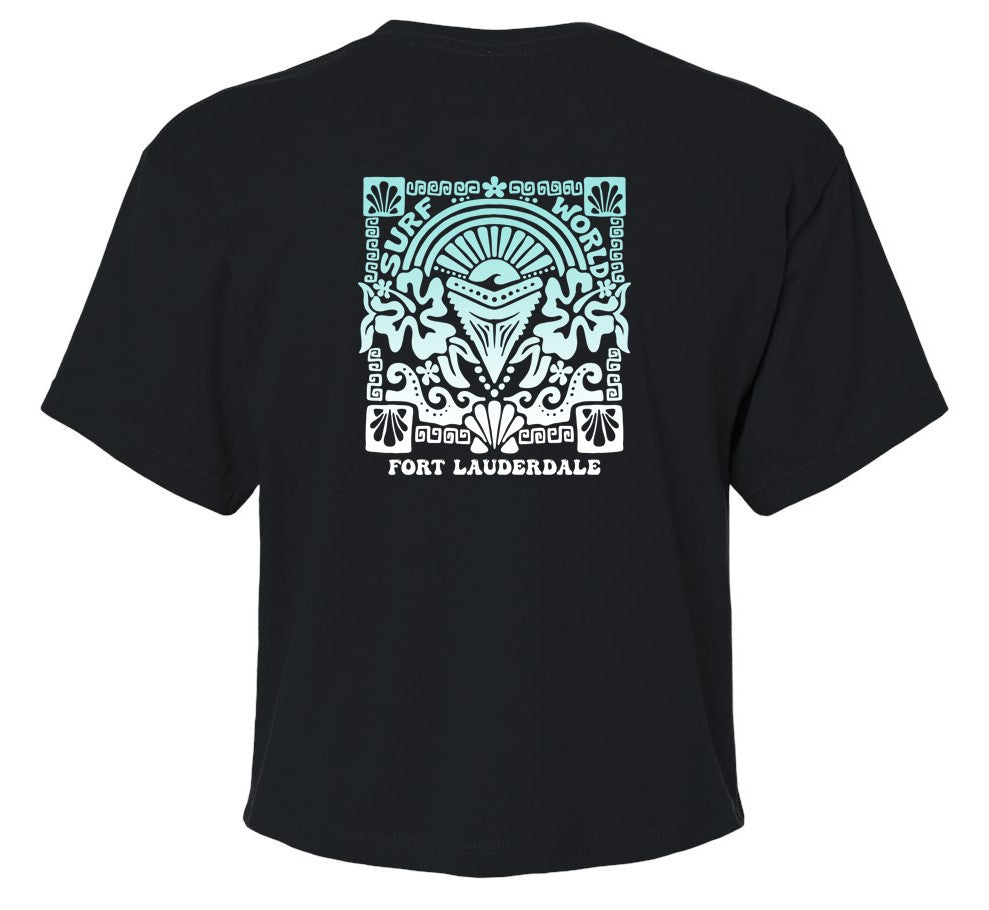 Surf World Shark Tooth fade Logo Crop Tee - Black Womens T Shirt