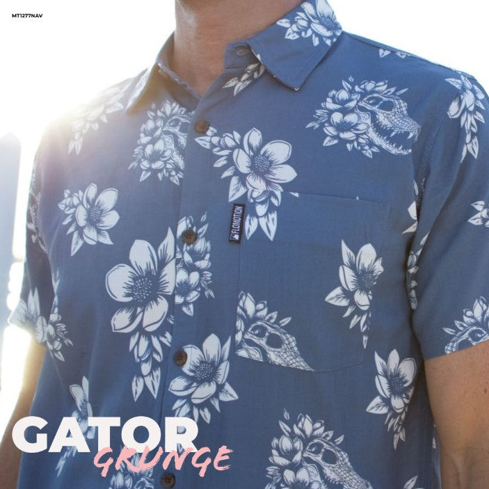 Flomotion Gator Grunge Button Down Woven Shirt - Navy Mens Woven