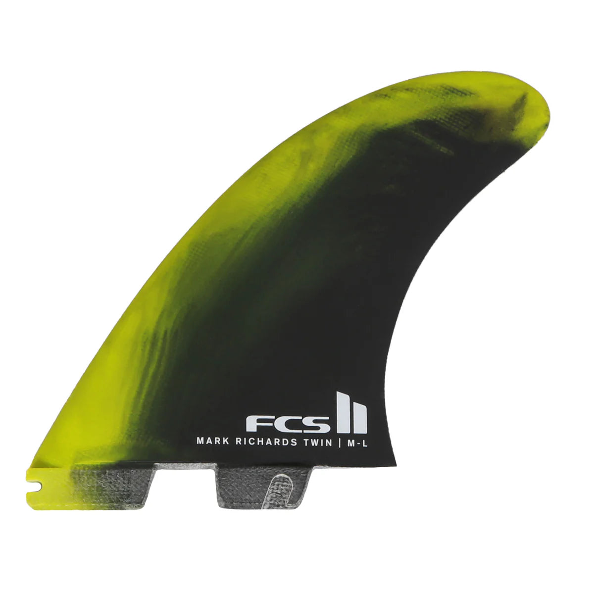 FCS II MR Twin Fins with mini Trailer- PC Tri Set Xlarge - Black White / Neon Swirl / Dusty Blue Fins