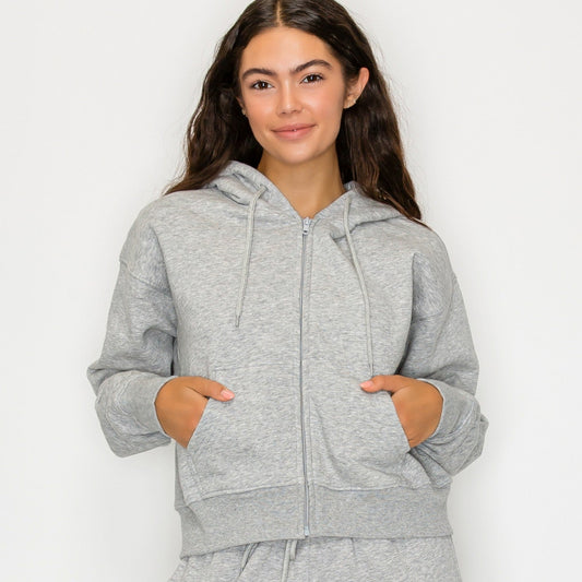 Surf World Boxy Cropped Zip Up Fleece Hoodie - Heather Grey womens hoodie