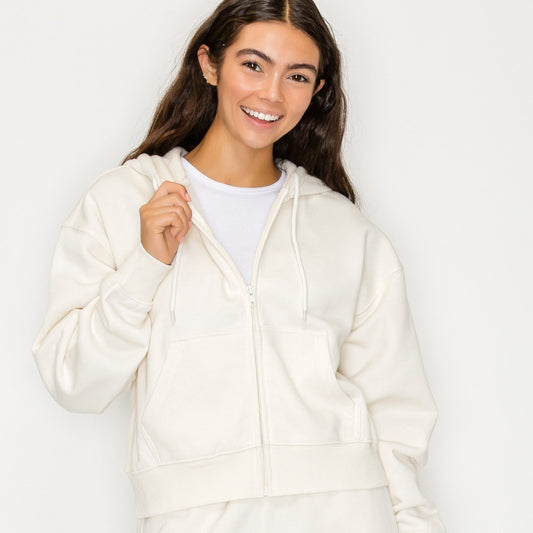 Surf World Boxy Cropped Zip Up Fleece Hoodie - Ivory womens hoodie