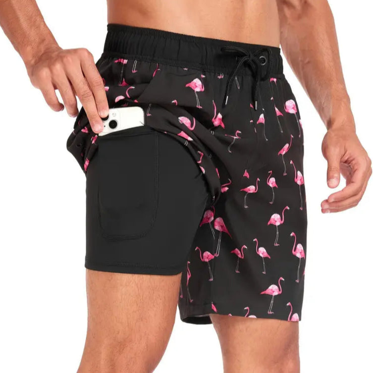 Surf World Elastic Solid Swim / Surf Shorts - Black Pink Flamingo Mens Boardshorts