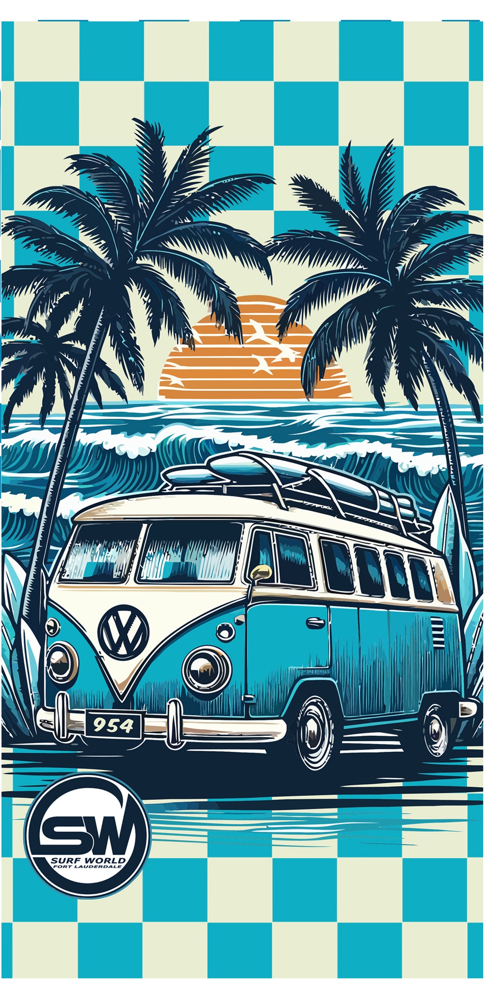 Surf World Microfiber Beach Towel VW BUS Blue Checkers Towel Bus Vertical