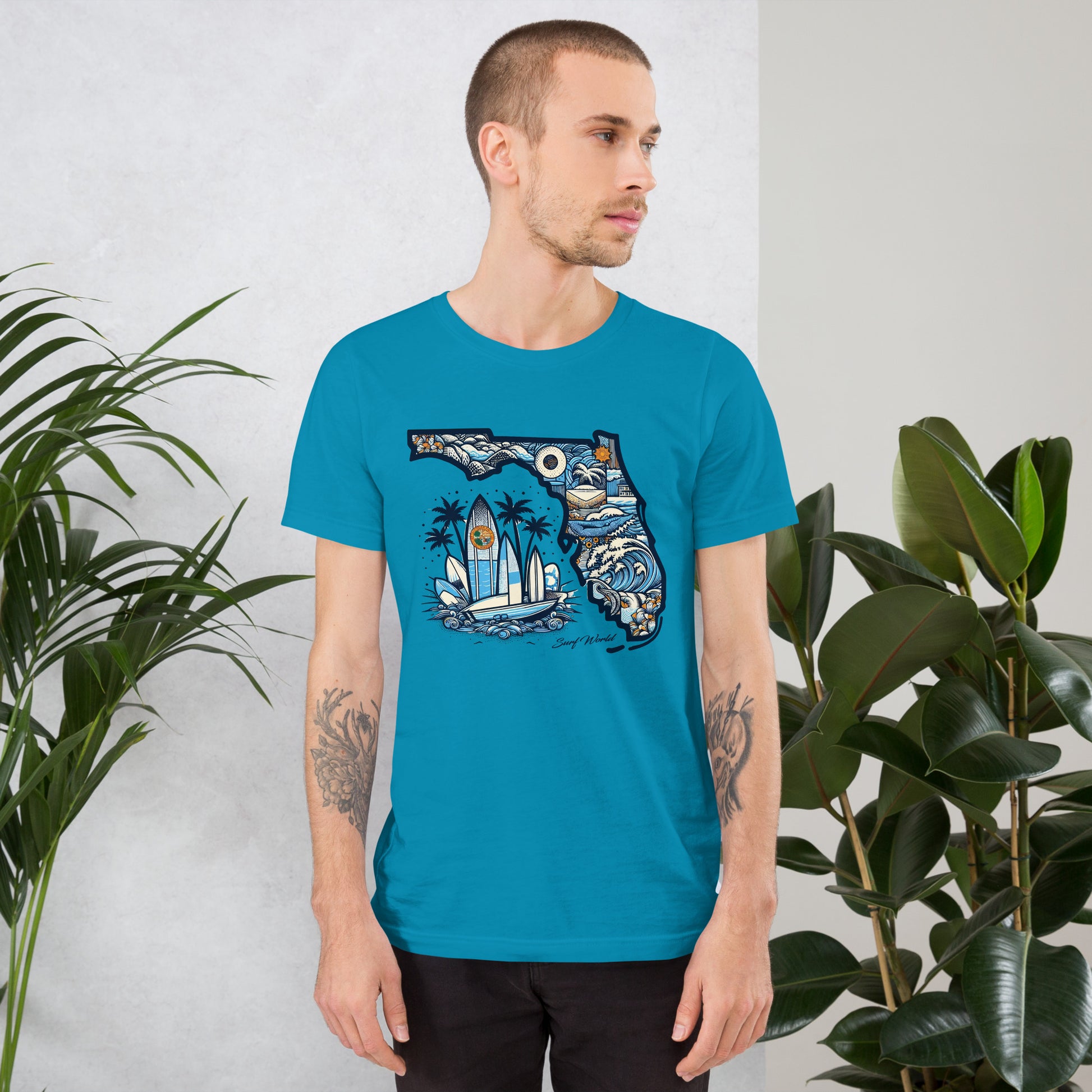 Florida the Land of Waves and Sun, Show FL some Love with the Surf World Tee Mens T Shirt Aqua