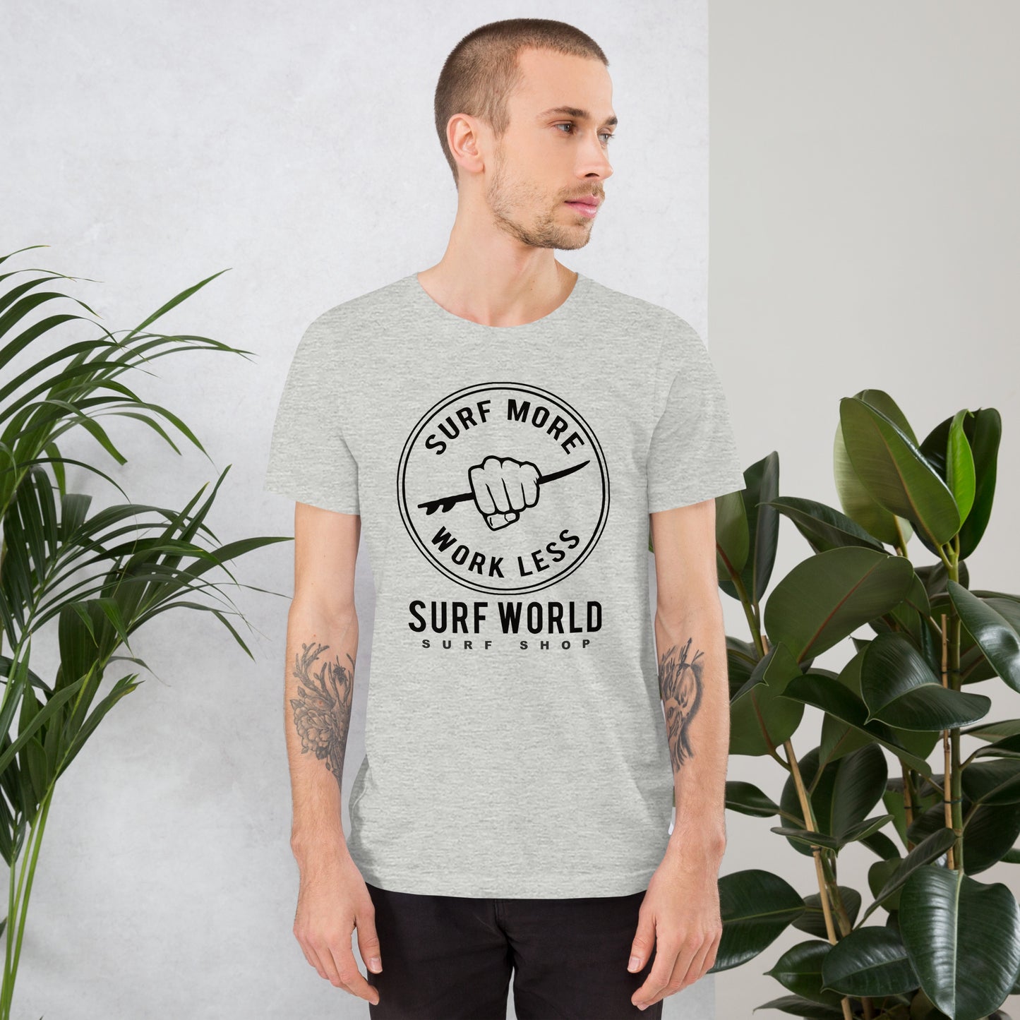 Surf More Work Less is the Iconic Surf World Tee Shirt Mens T Shirt Athletic Heather