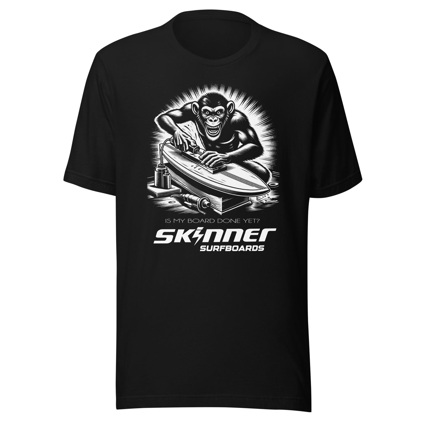 Is My Board Done Yet? Monkey Tee Shirt Skinner Surfboards Mens T Shirt Black