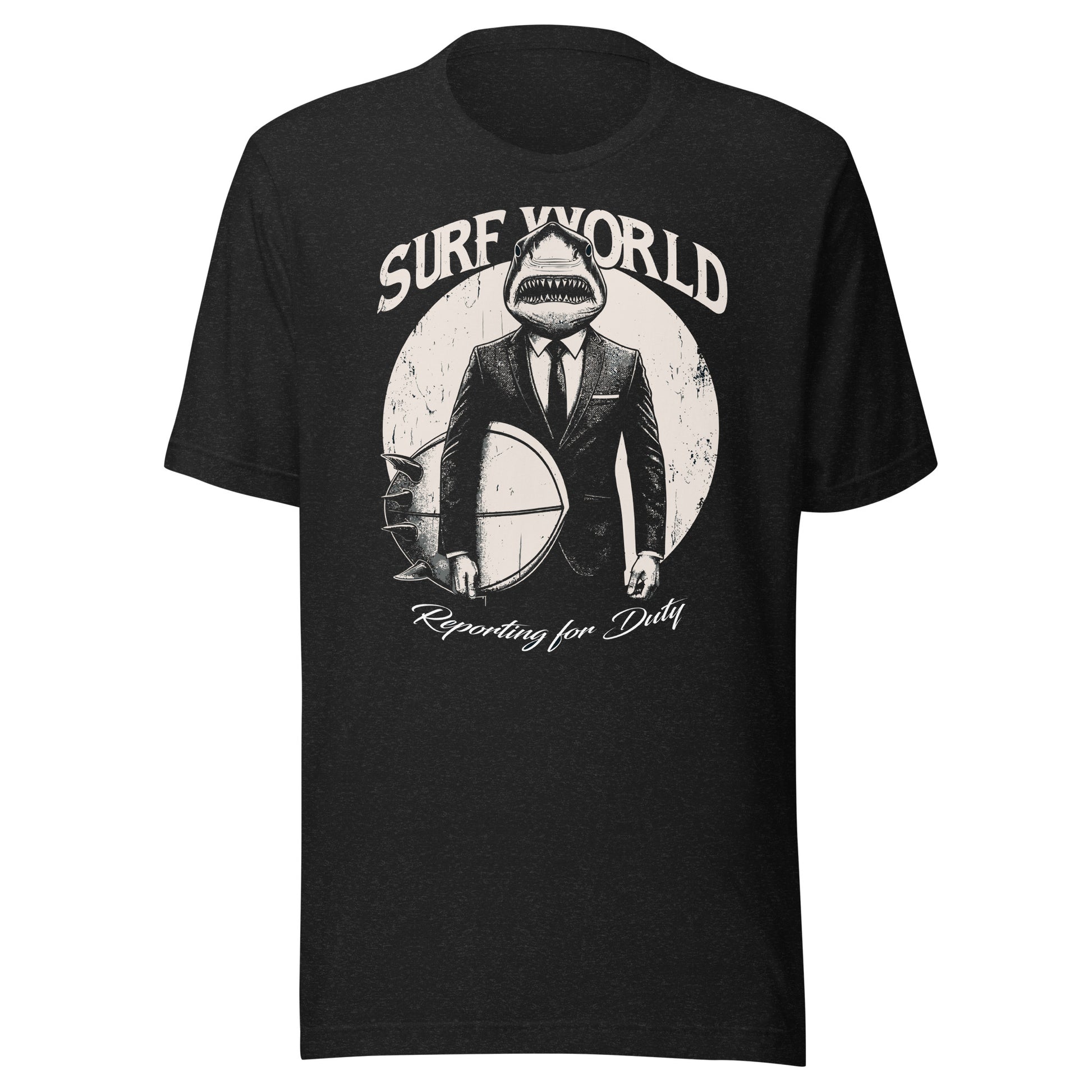 Surf World Shark Boss Reporting for Duty Tee Shirt Mens T Shirt Black Heather