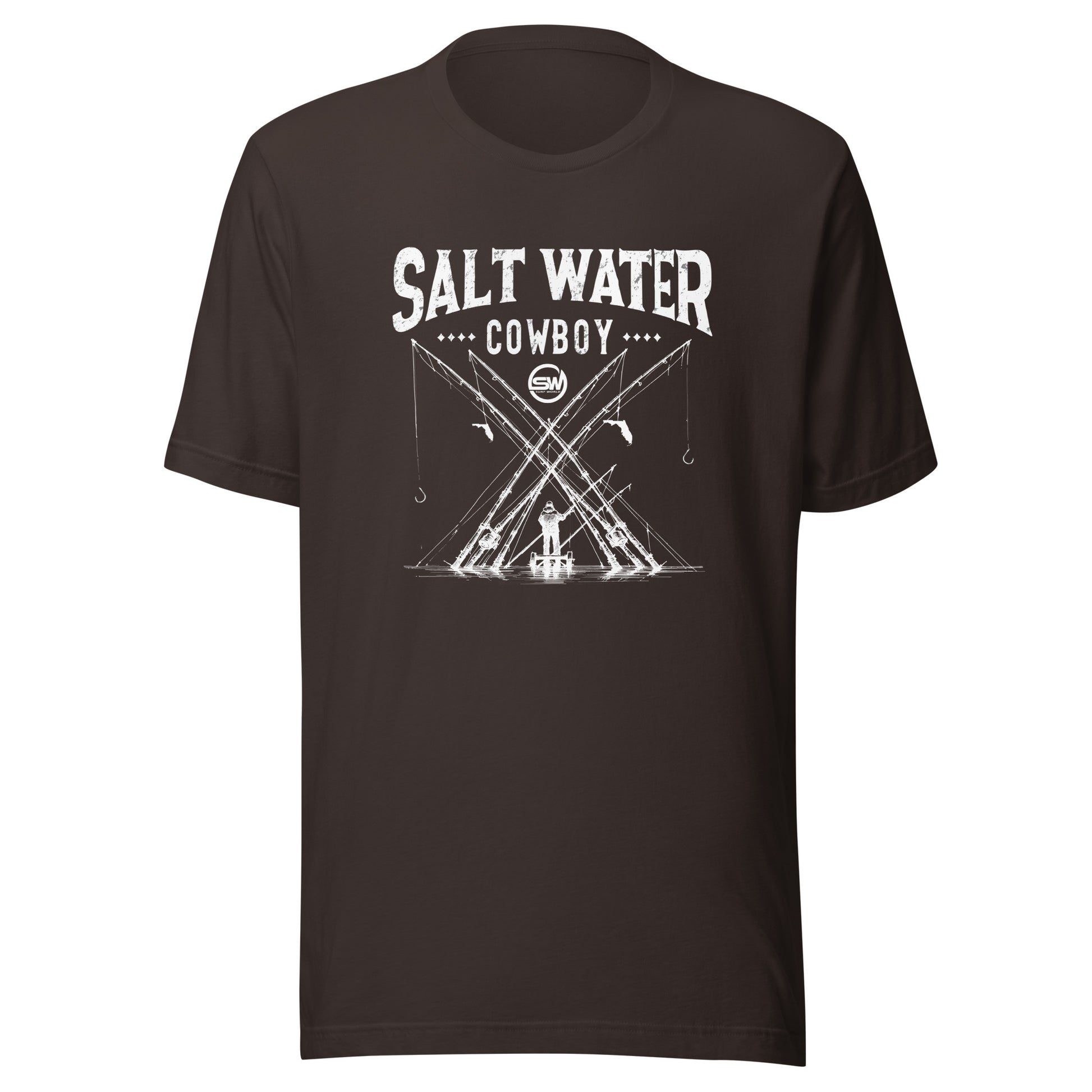 Saltwater Cowboy Rod Club T-Shirt - Surf World - Salt Water Mens T Shirt Brown