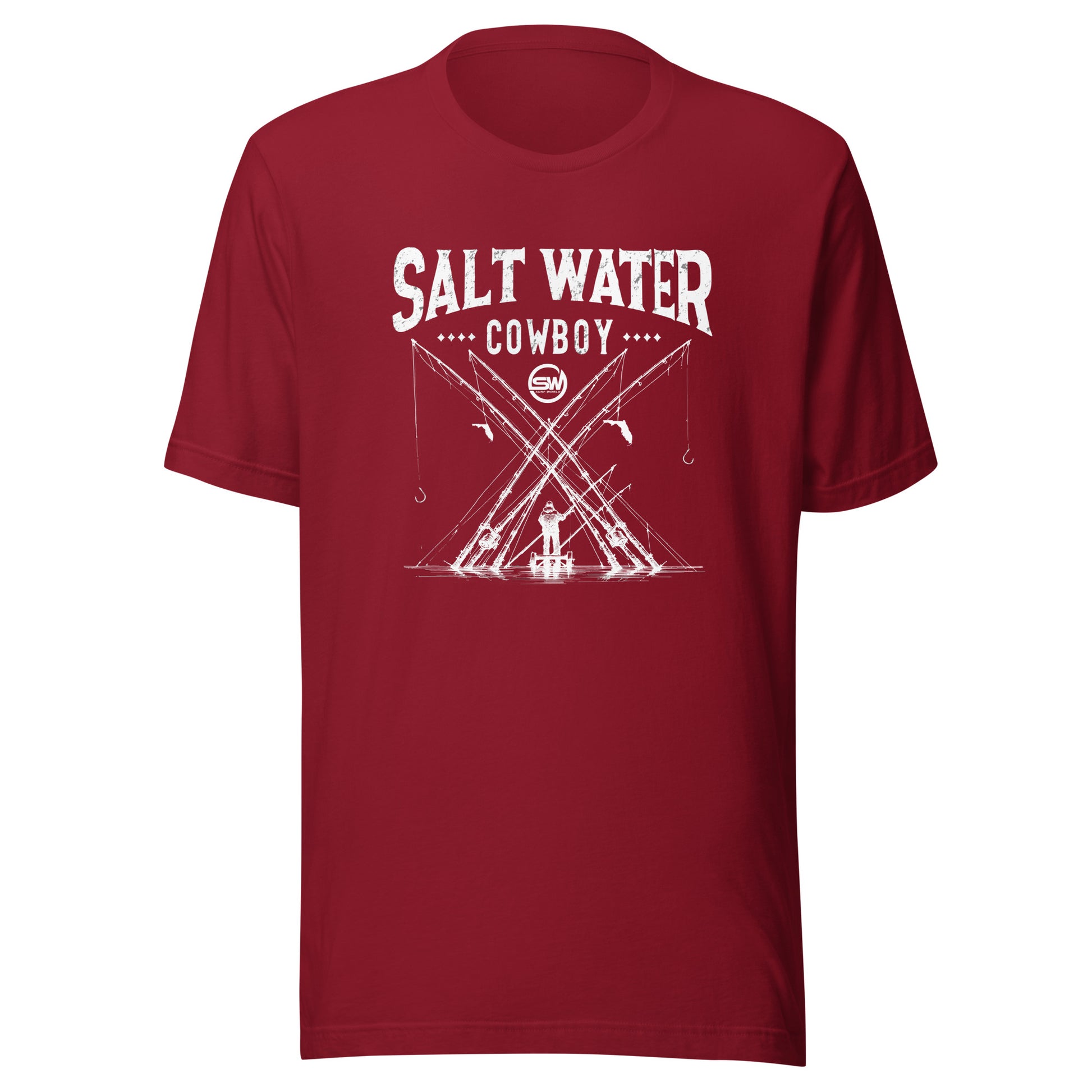 Saltwater Cowboy Rod Club T-Shirt - Surf World - Salt Water Mens T Shirt Cardinal