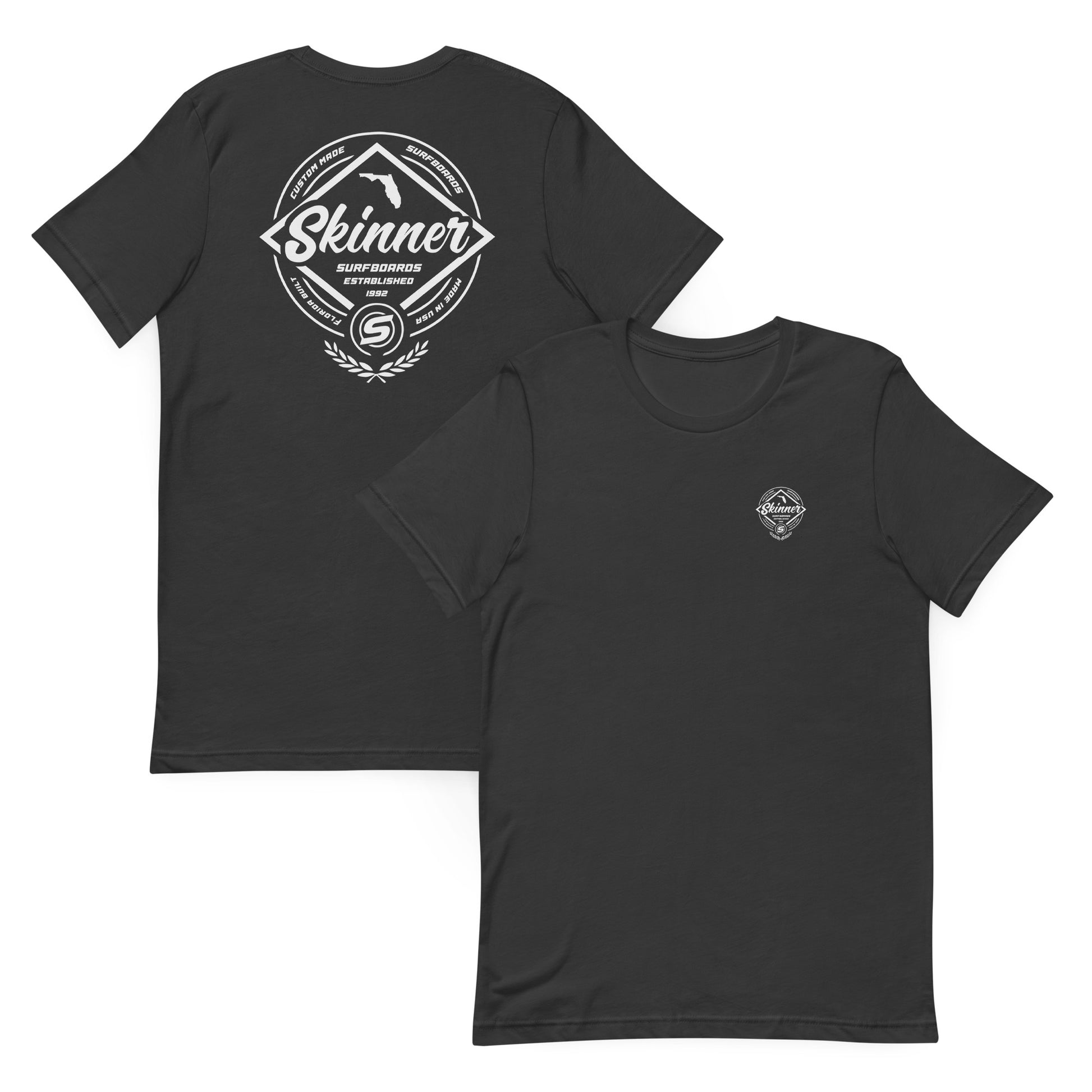 Skinner Surfboards Custom Made in the USA Tee Shirt. Mens T Shirt Dark Grey