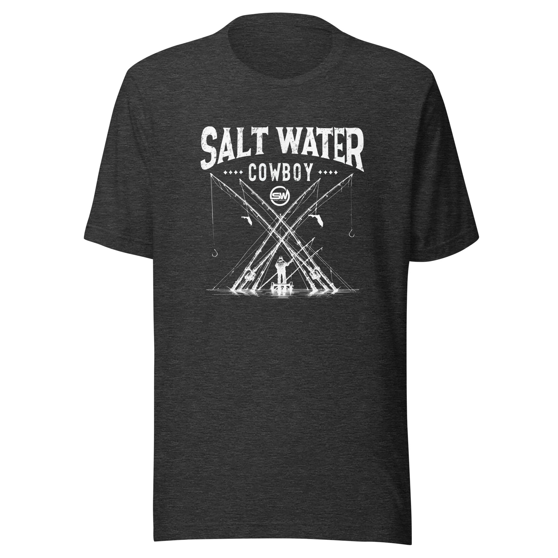 Saltwater Cowboy Rod Club T-Shirt - Surf World - Salt Water Mens T Shirt Dark Grey Heather