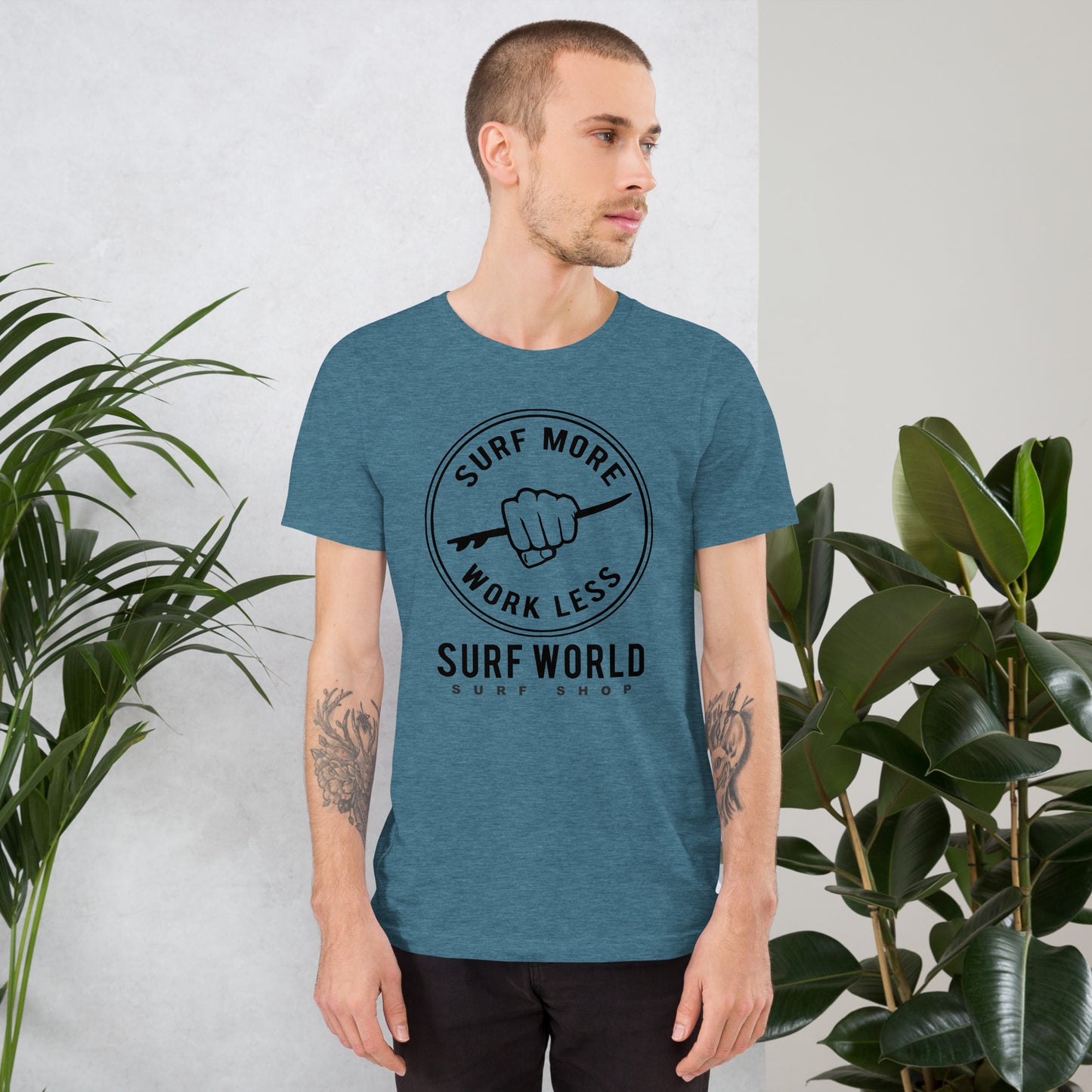 Surf More Work Less is the Iconic Surf World Tee Shirt Mens T Shirt Heather Deep Teal