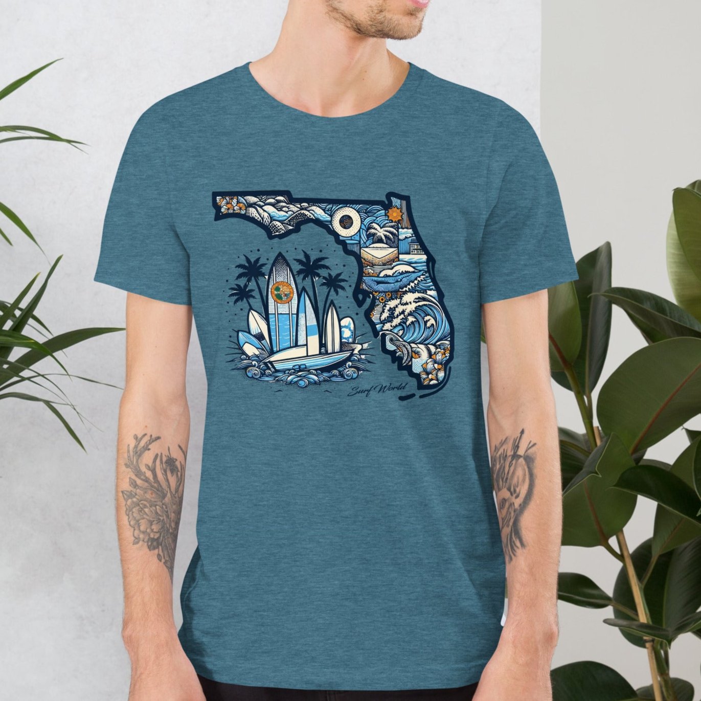 Florida the Land of Waves and Sun, Show FL some Love with the Surf World Tee Mens T Shirt Heather Deep Teal