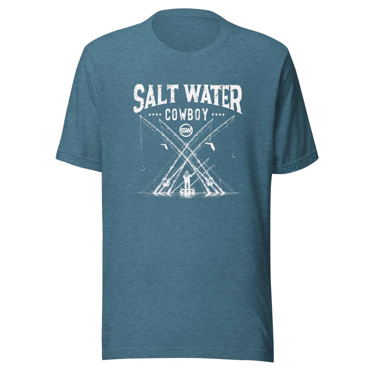 Saltwater Cowboy Rod Club T-Shirt - Surf World - Salt Water Mens T Shirt Heather Deep Teal