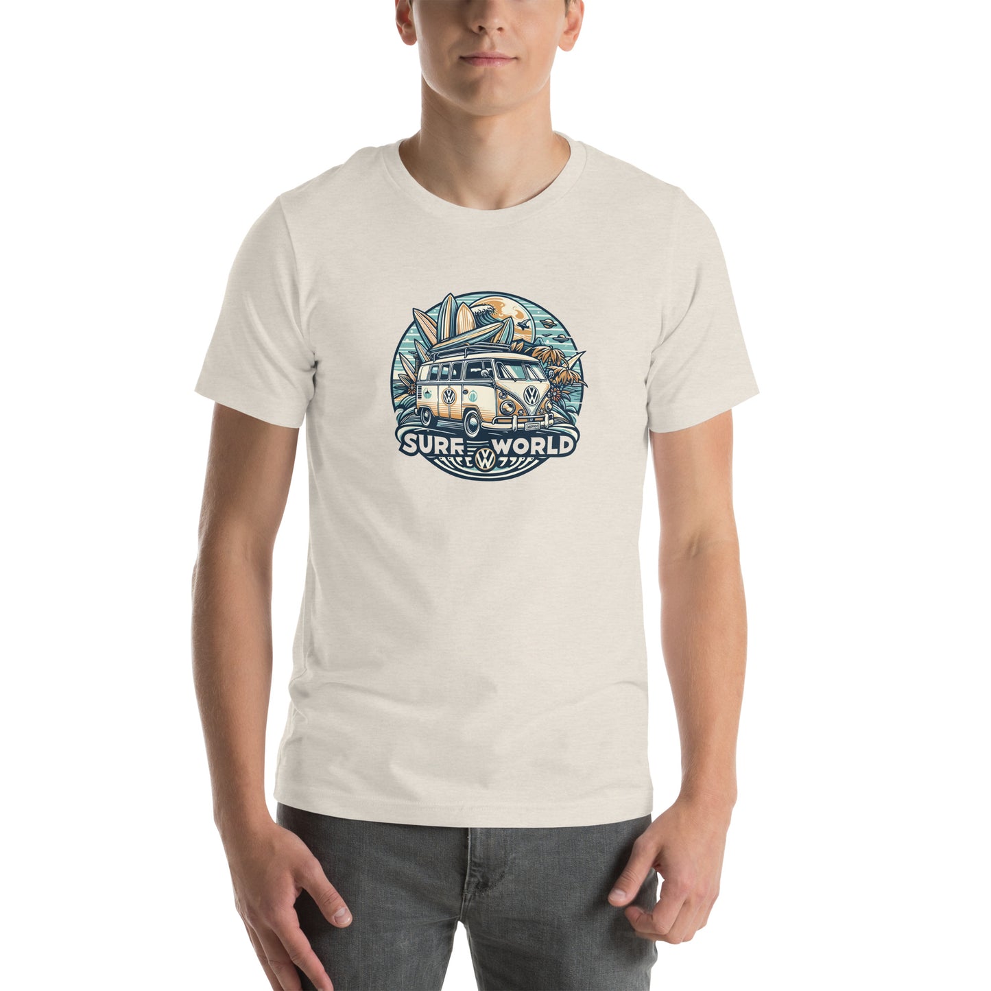 Surf World Iconic VW Bus Surf Tee Shirt Mens T Shirt Heather Dust