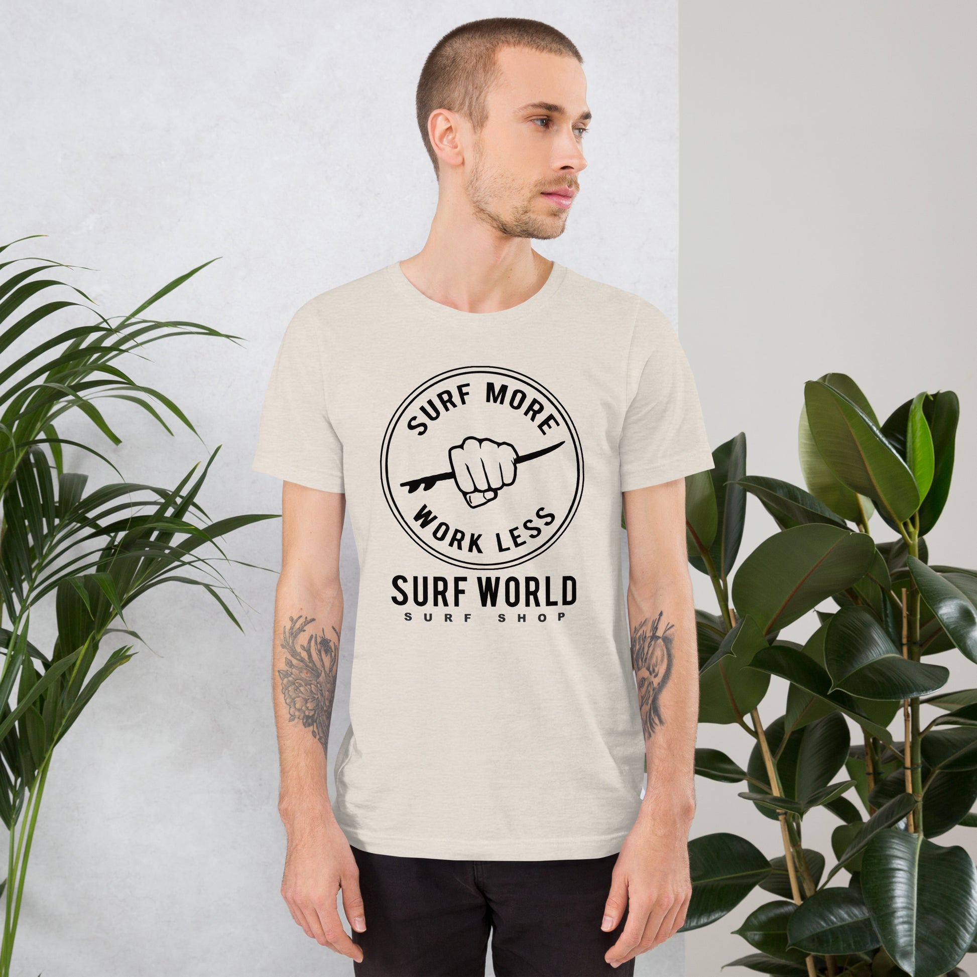 Surf More Work Less is the Iconic Surf World Tee Shirt Mens T Shirt Heather Dust