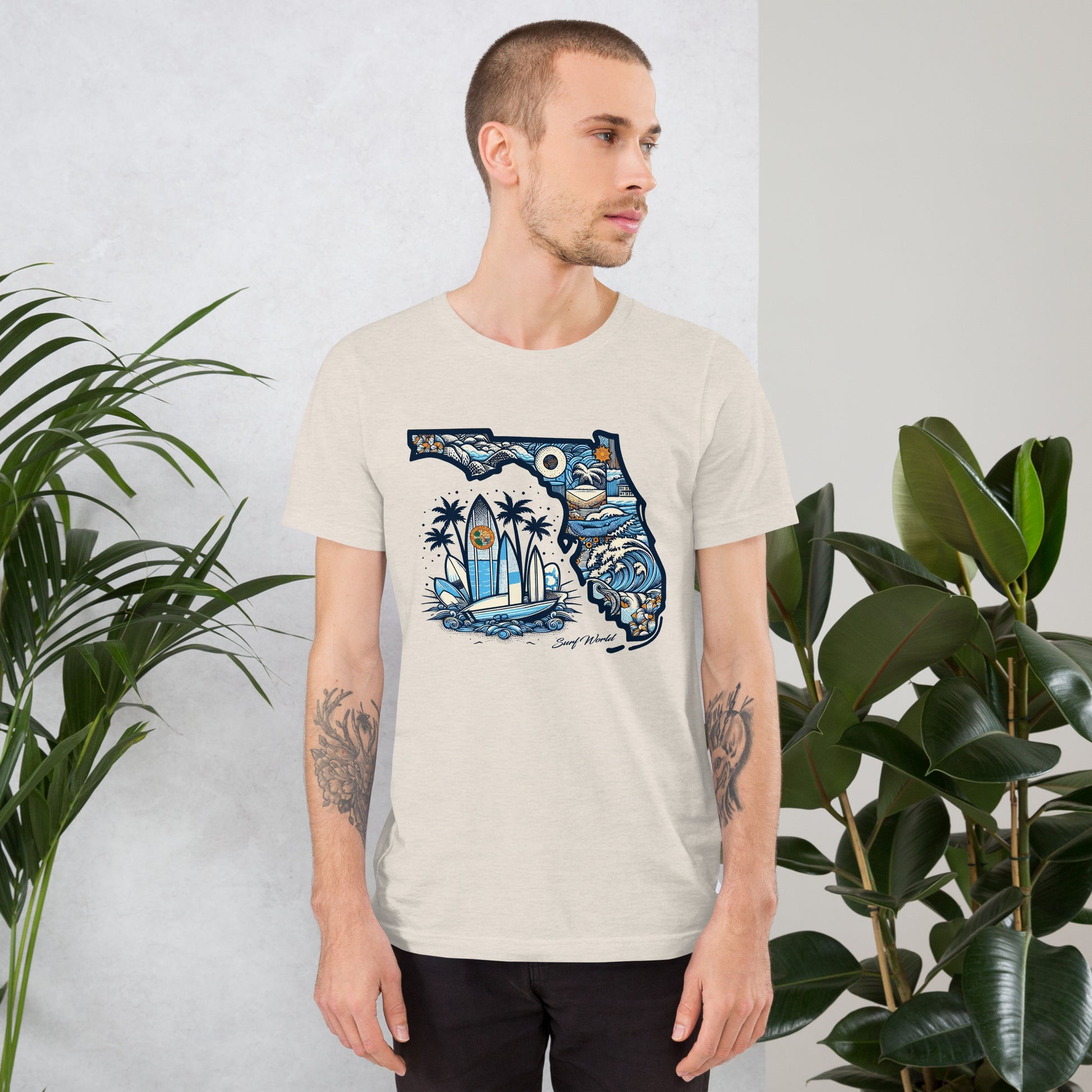 Florida the Land of Waves and Sun, Show FL some Love with the Surf World Tee Mens T Shirt Heather Dust