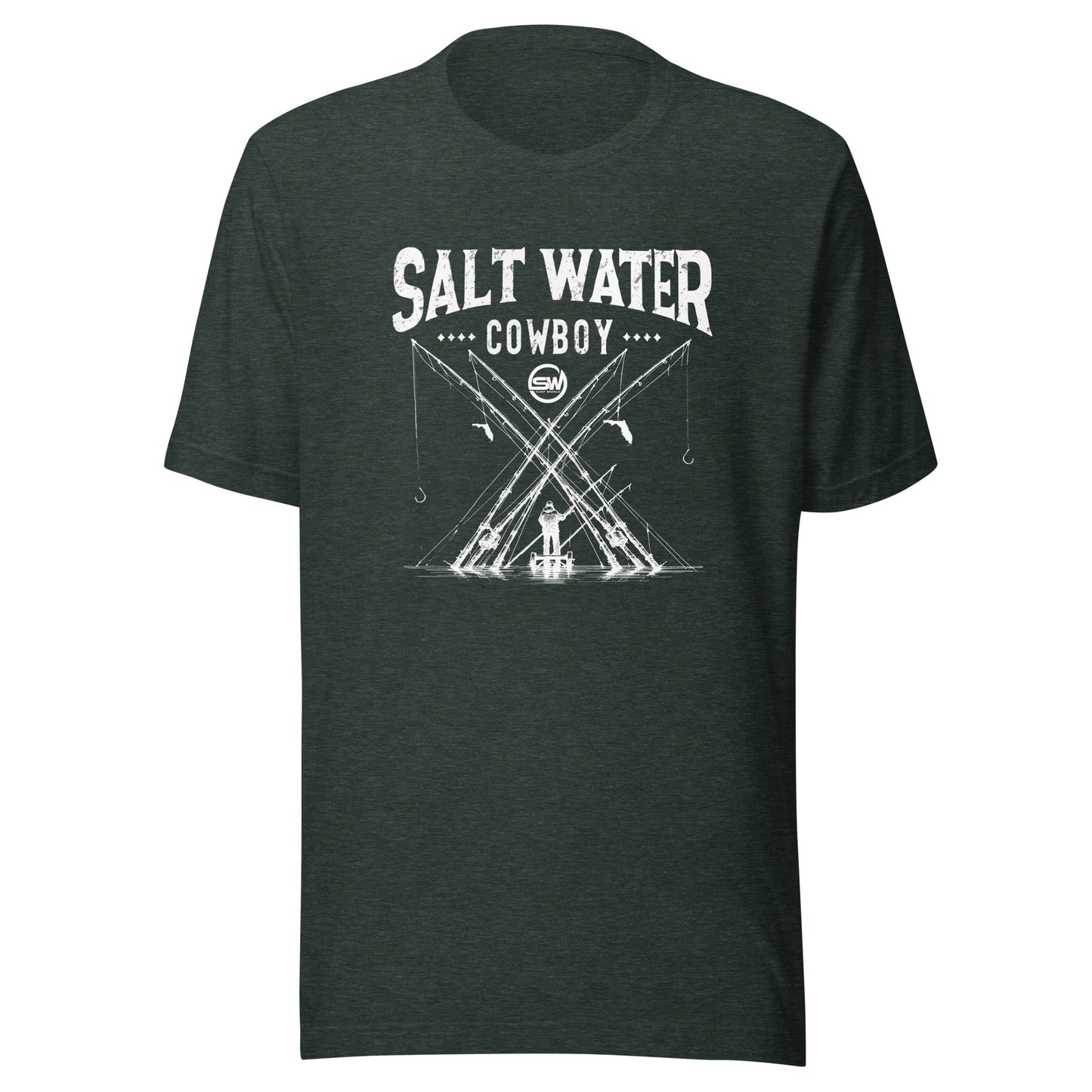 Saltwater Cowboy Rod Club T-Shirt - Surf World - Salt Water Mens T Shirt Heather Forest