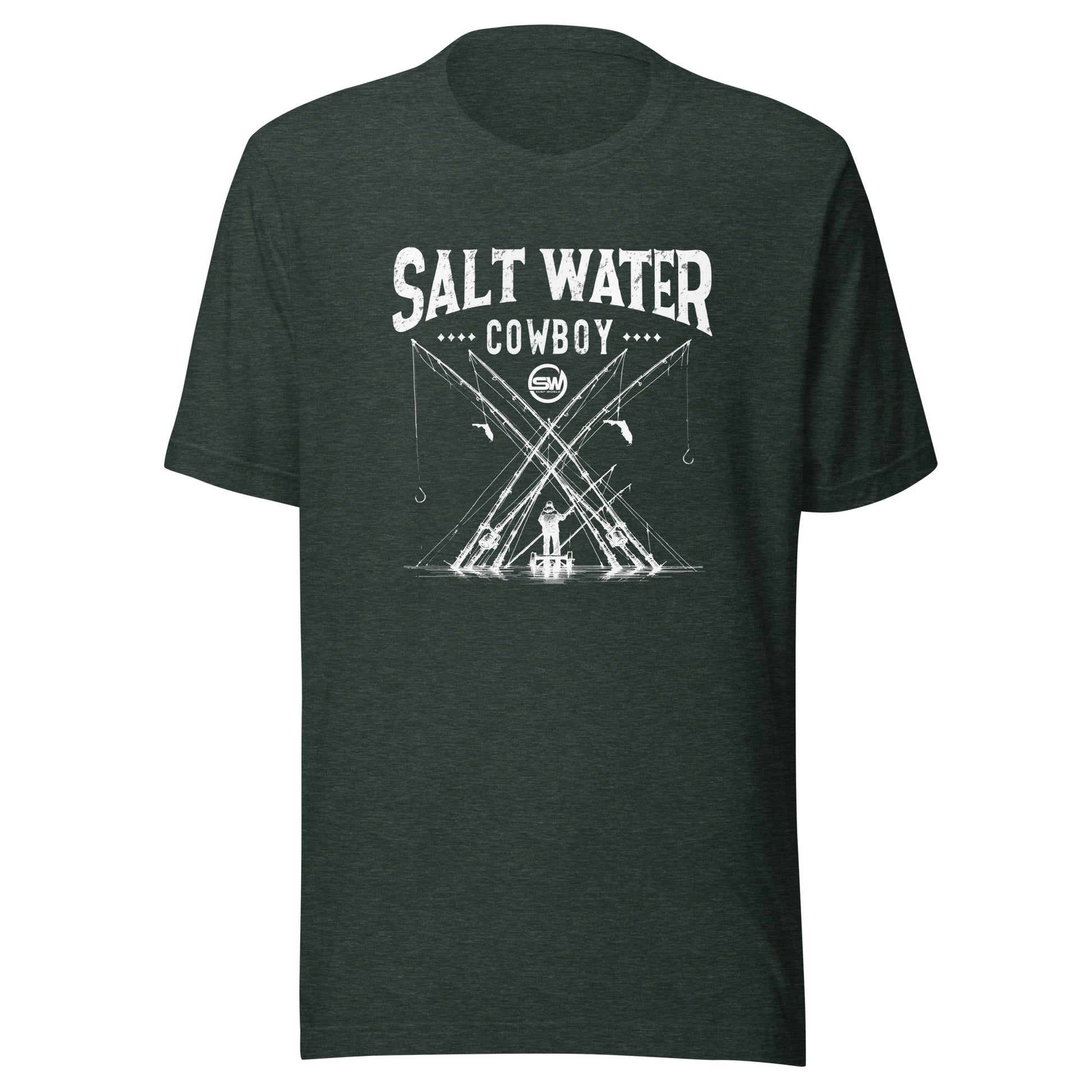 Saltwater Cowboy Rod Club T-Shirt - Surf World - Salt Water Mens T Shirt Heather Forest