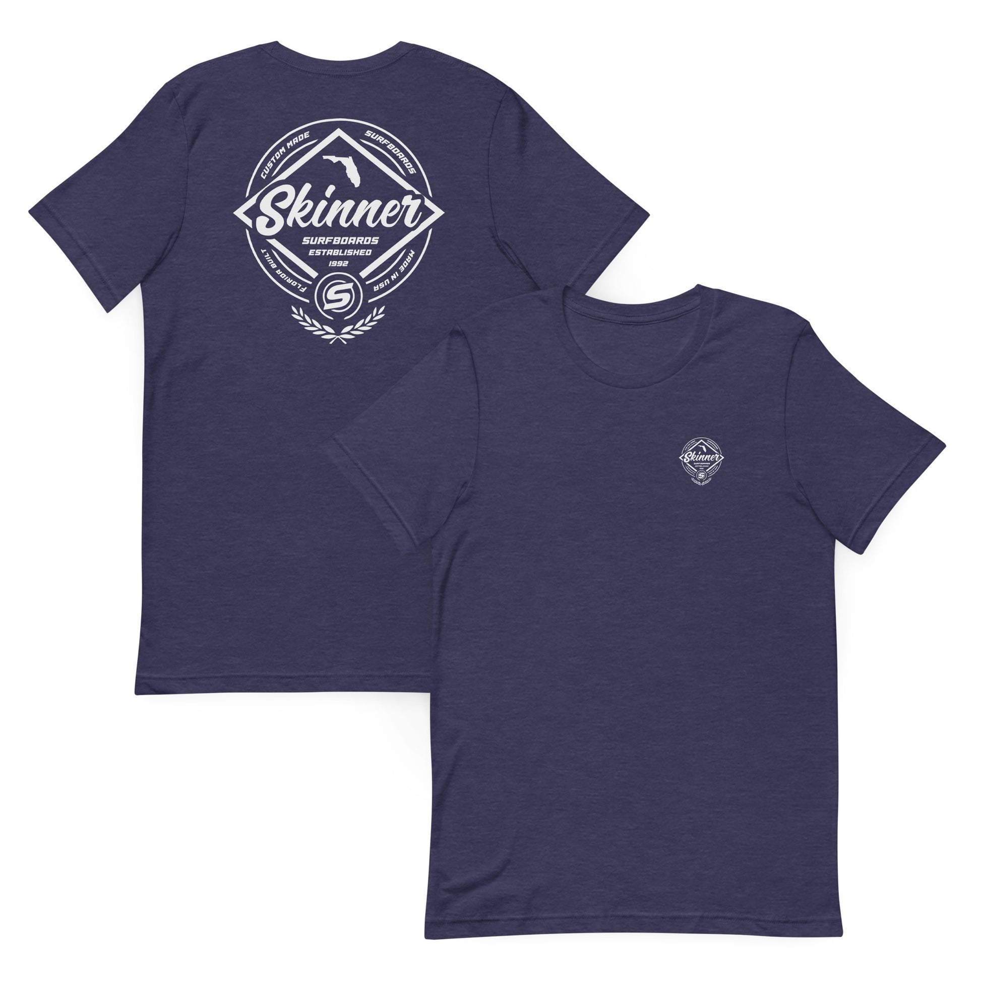 Skinner Surfboards Custom Made in the USA Tee Shirt. Mens T Shirt Heather Midnight Navy