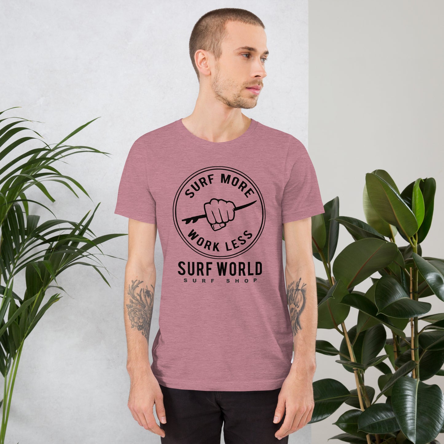 Surf More Work Less is the Iconic Surf World Tee Shirt Mens T Shirt Heather Orchid