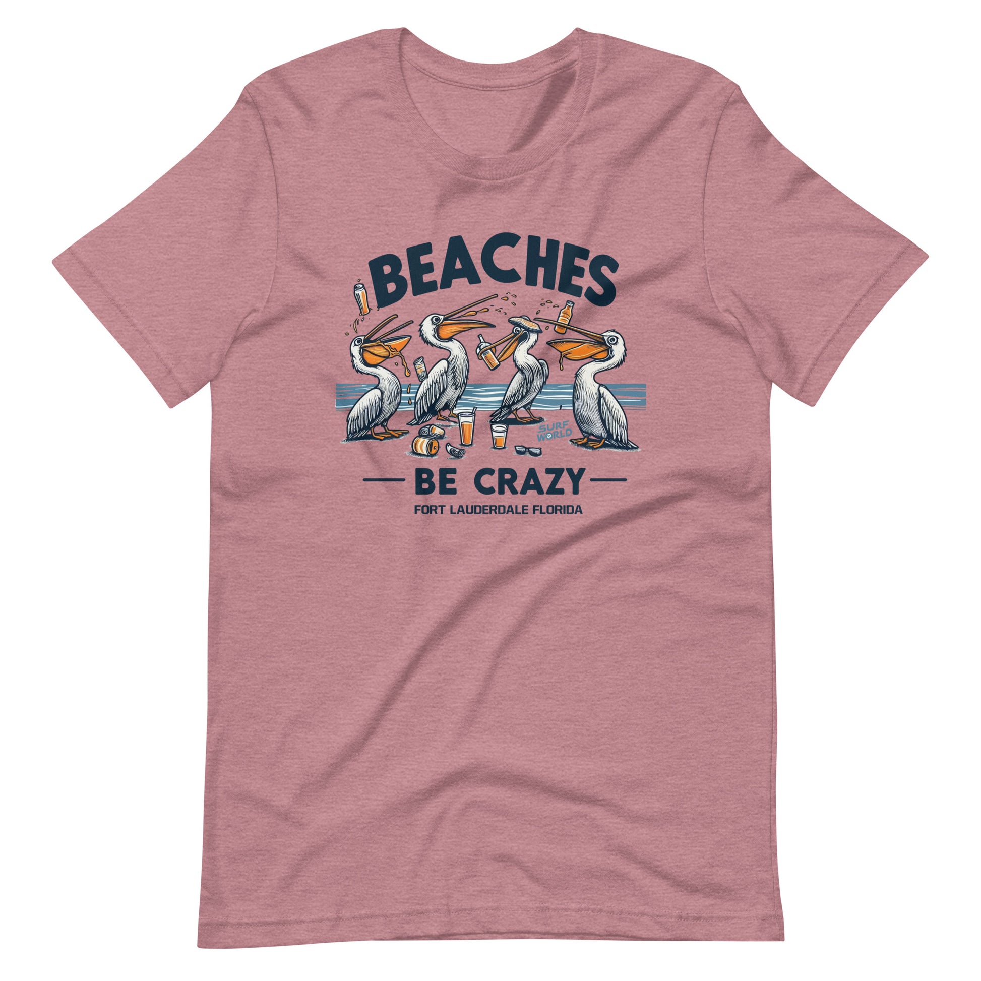 Beaches Be Crazy those crazy pelicans Surf World Tee Shirt Mens T Shirt Heather Orchid