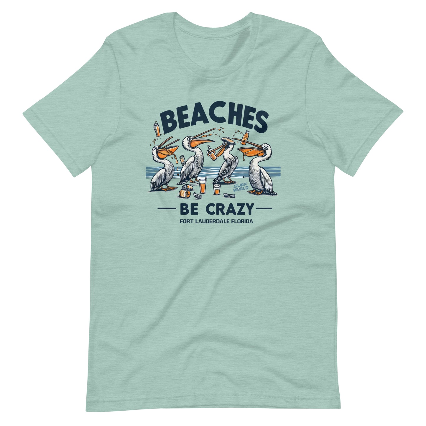 Beaches Be Crazy those crazy pelicans Surf World Tee Shirt Mens T Shirt Heather Prism Dusty Blue