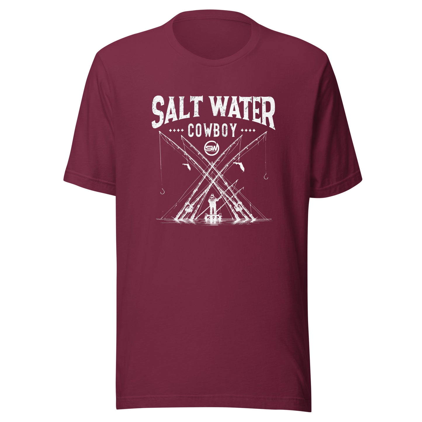 Saltwater Cowboy Rod Club T-Shirt - Surf World - Salt Water Mens T Shirt Maroon