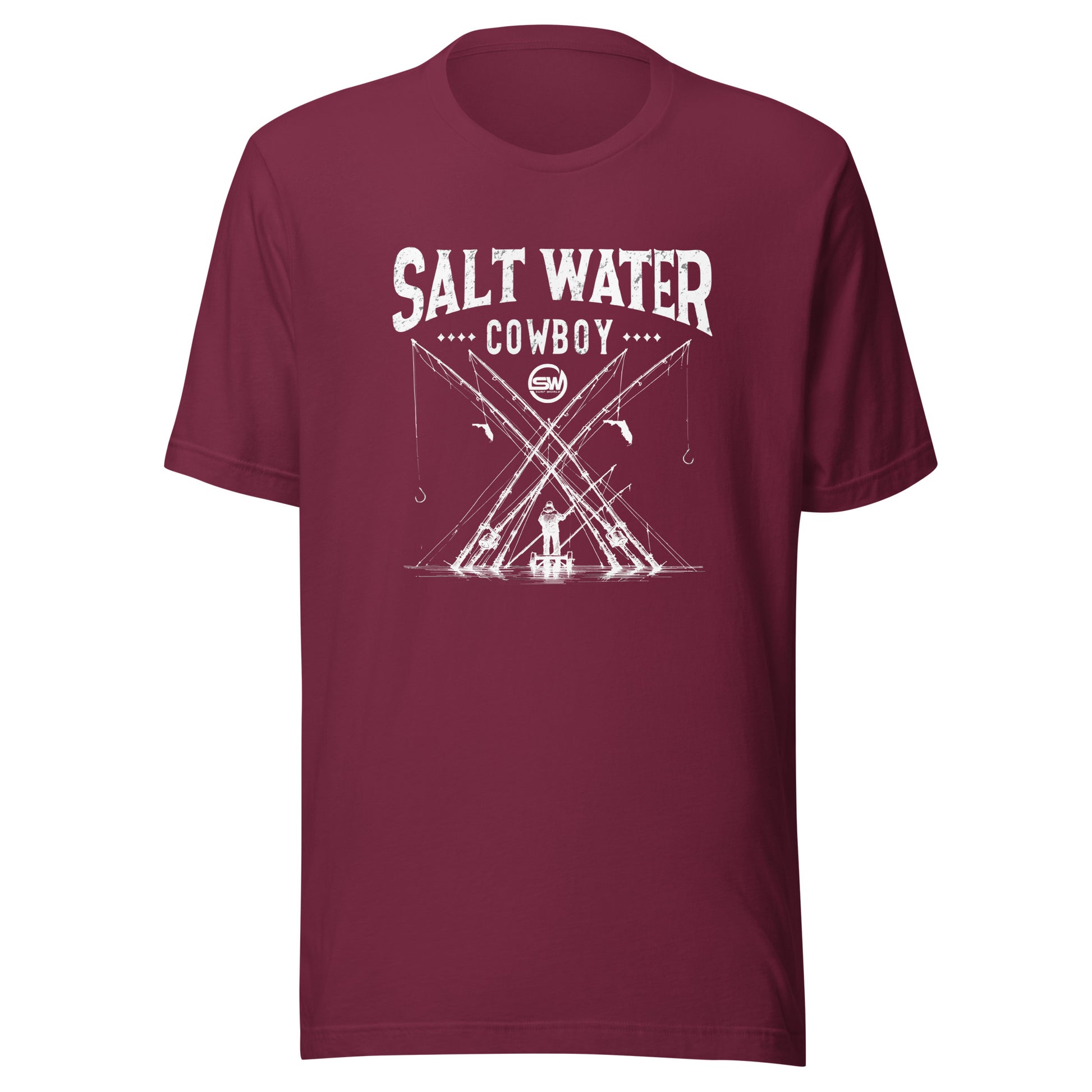 Saltwater Cowboy Rod Club T-Shirt - Surf World - Salt Water Mens T Shirt Maroon