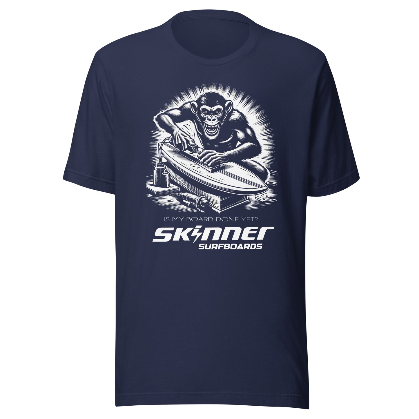 Is My Board Done Yet? Monkey Tee Shirt Skinner Surfboards Mens T Shirt Navy