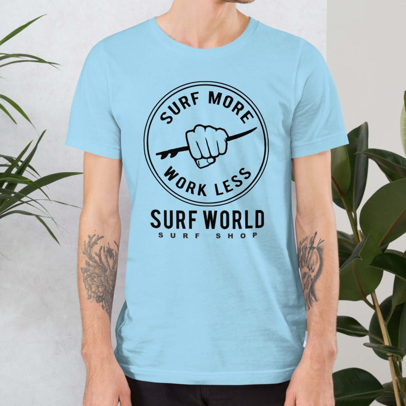 Surf More Work Less is the Iconic Surf World Tee Shirt Mens T Shirt Ocean Blue