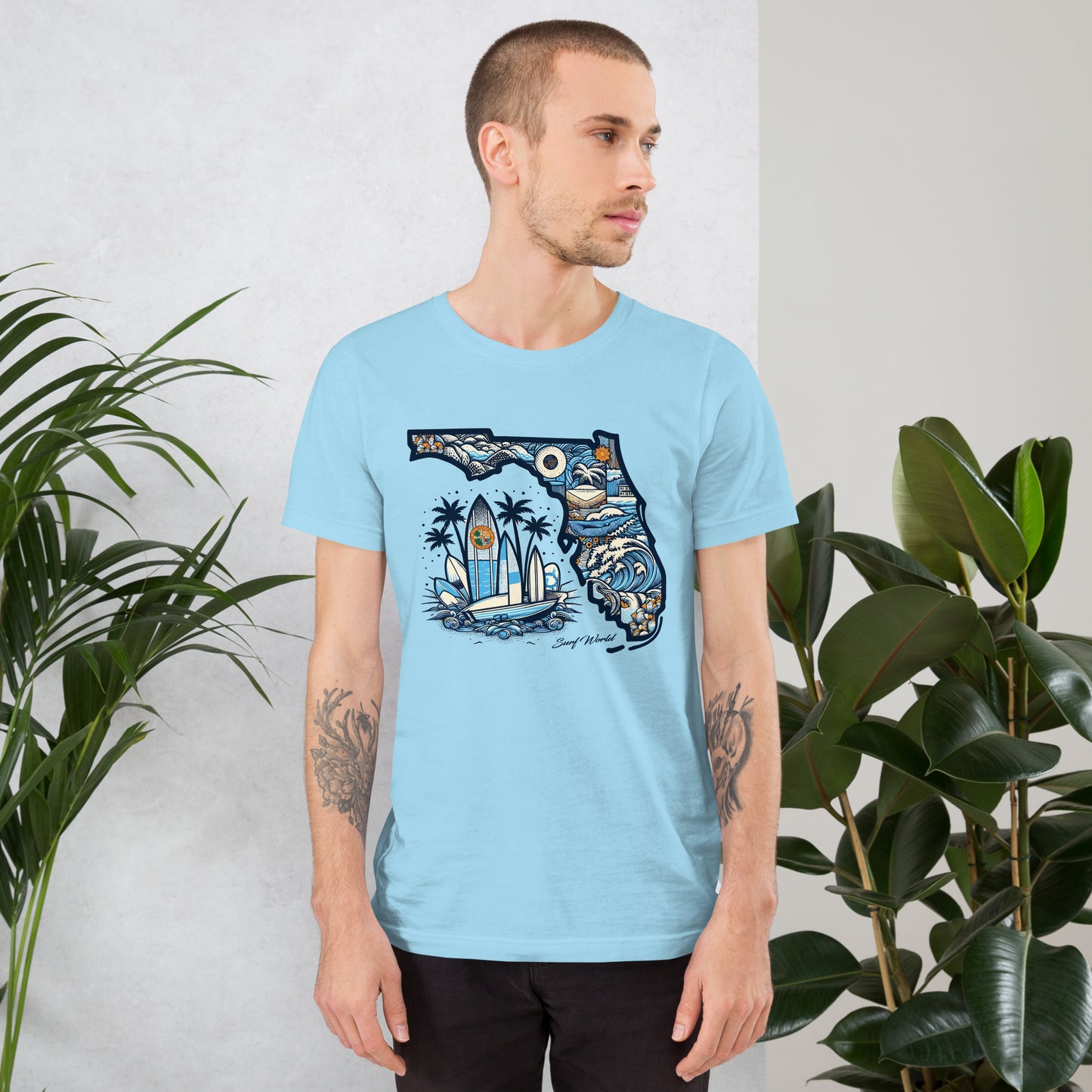 Florida the Land of Waves and Sun, Show FL some Love with the Surf World Tee Mens T Shirt Ocean Blue