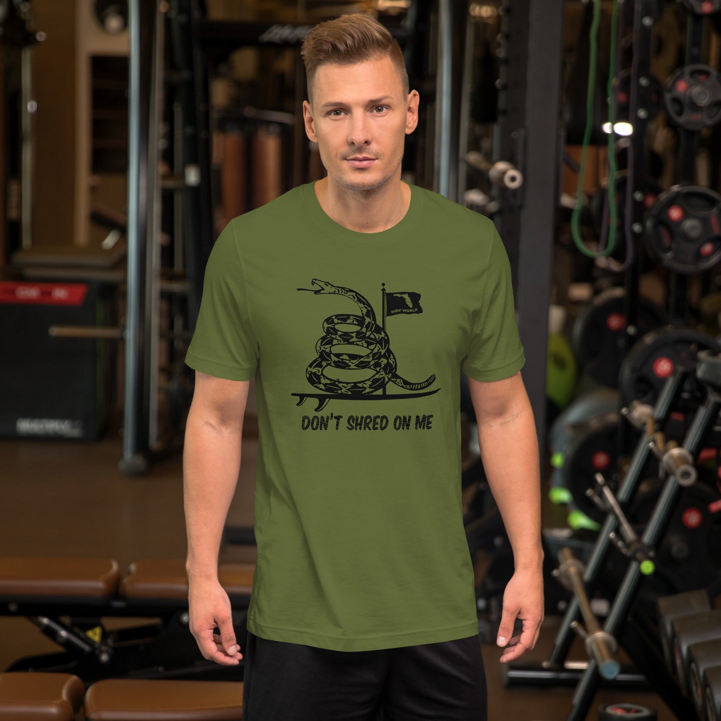 Surf World's Don't Shred On Me Gadsden Unisex t-shirt Mens T Shirt Olive