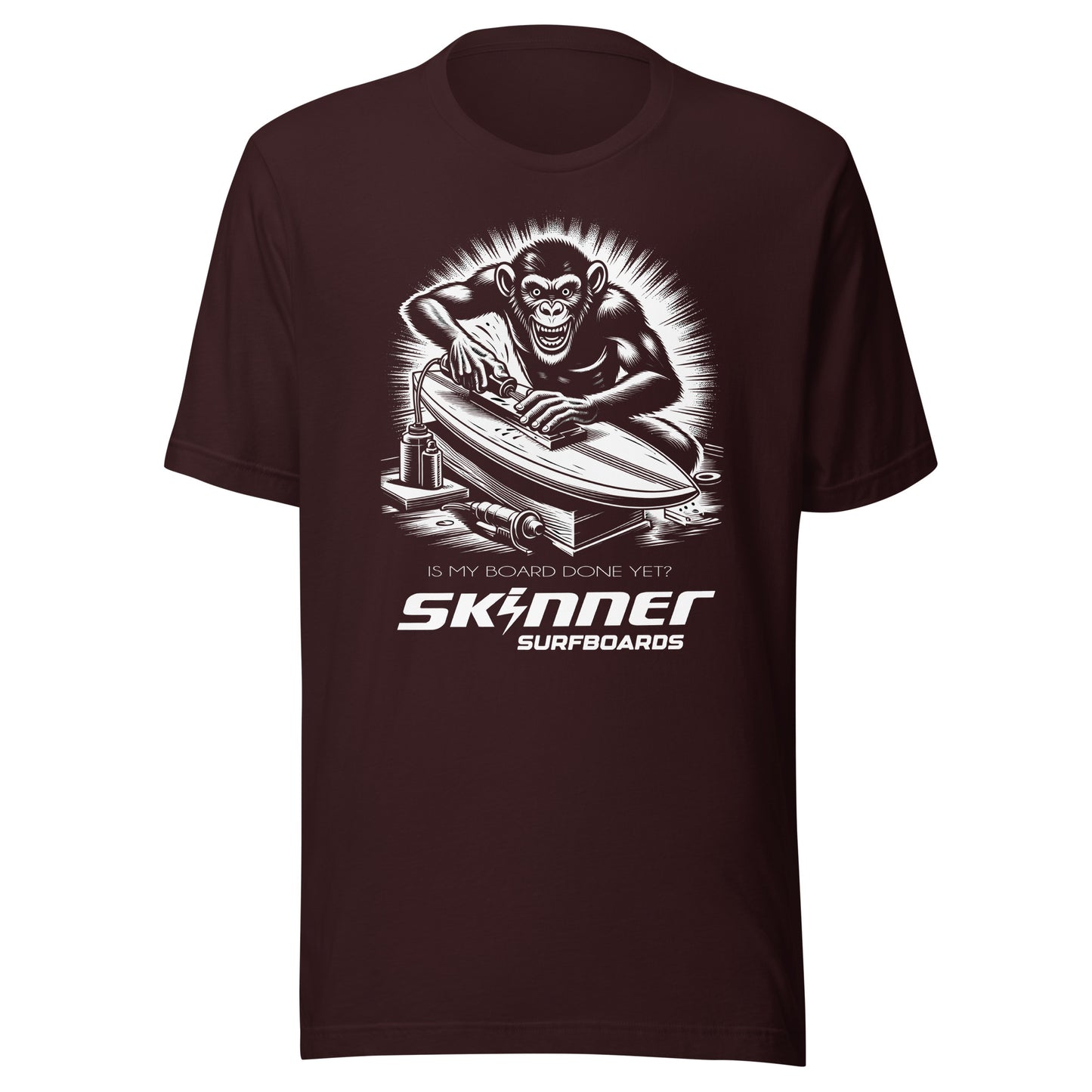 Is My Board Done Yet? Monkey Tee Shirt Skinner Surfboards Mens T Shirt Oxblood Black