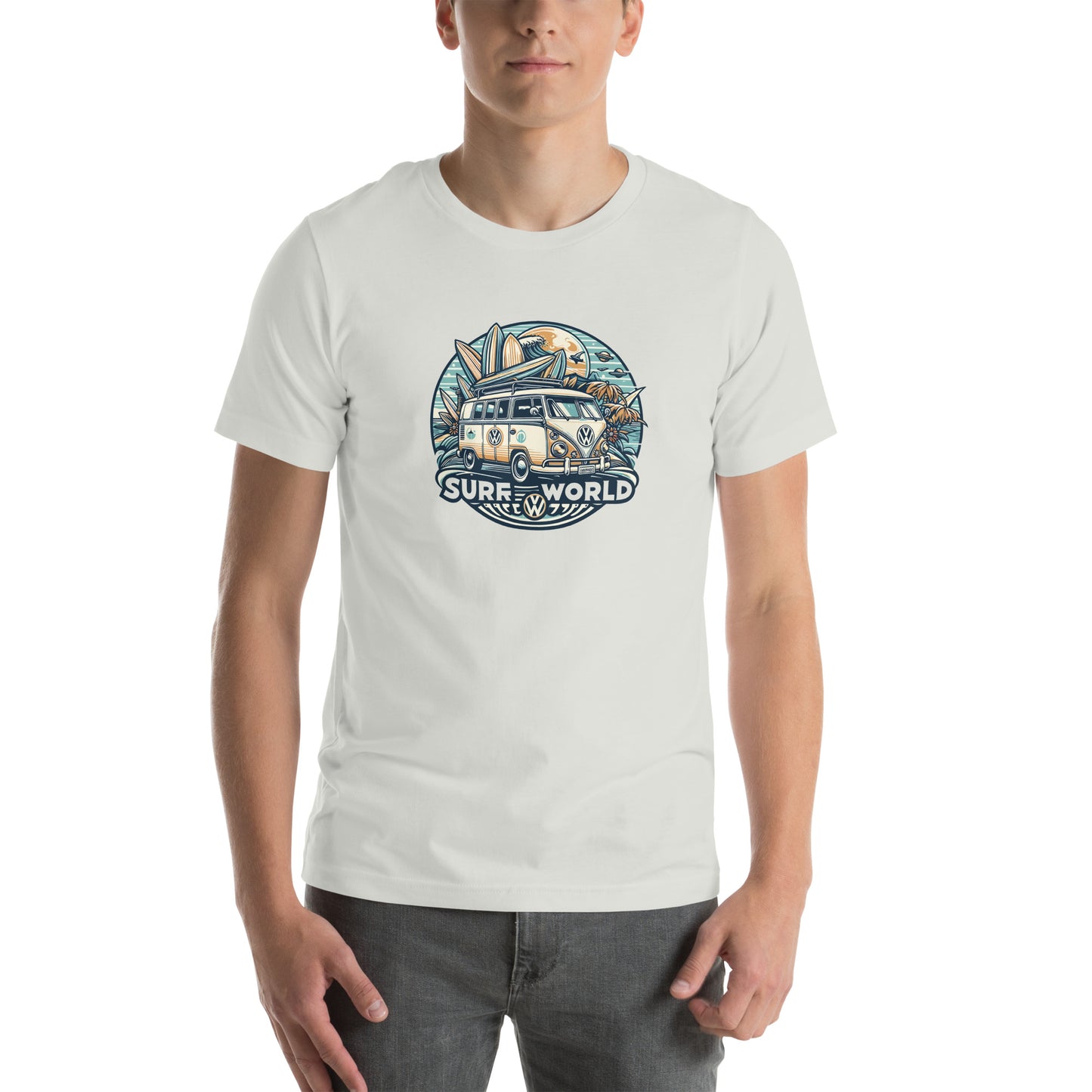 Surf World Iconic VW Bus Surf Tee Shirt Mens T Shirt Silver