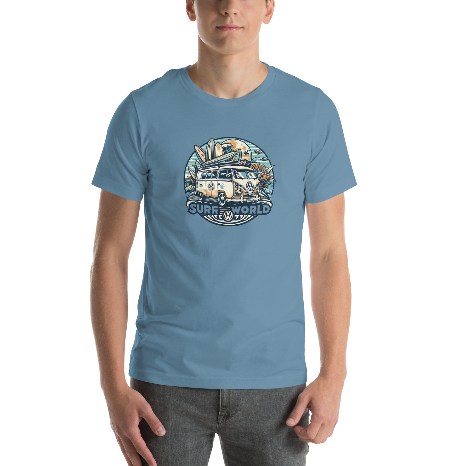 Surf World Iconic VW Bus Surf Tee Shirt Mens T Shirt Steel Blue