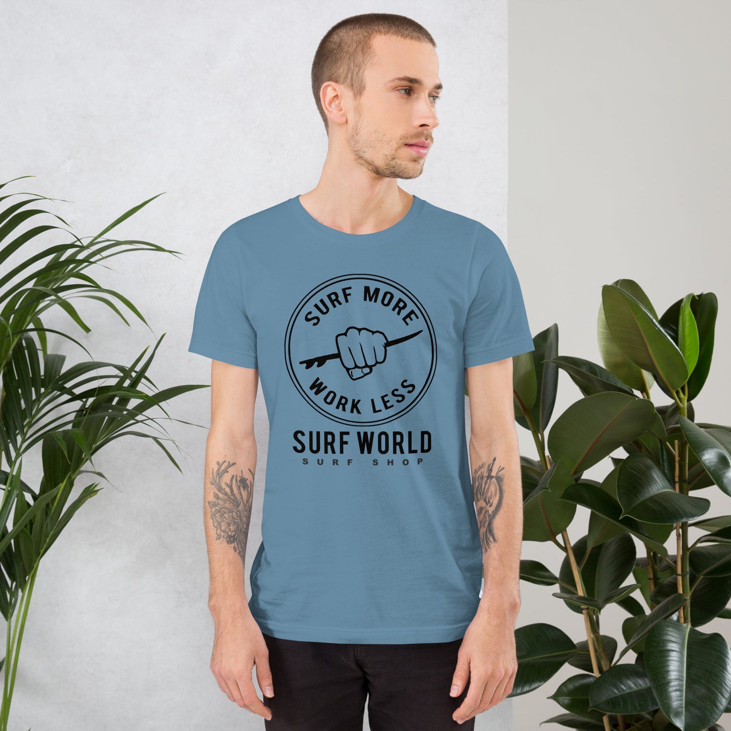 Surf More Work Less is the Iconic Surf World Tee Shirt Mens T Shirt Steel Blue