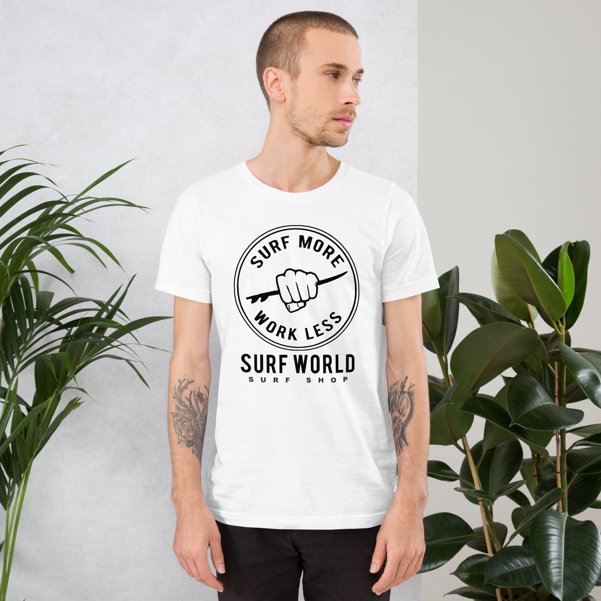 Surf More Work Less is the Iconic Surf World Tee Shirt Mens T Shirt White