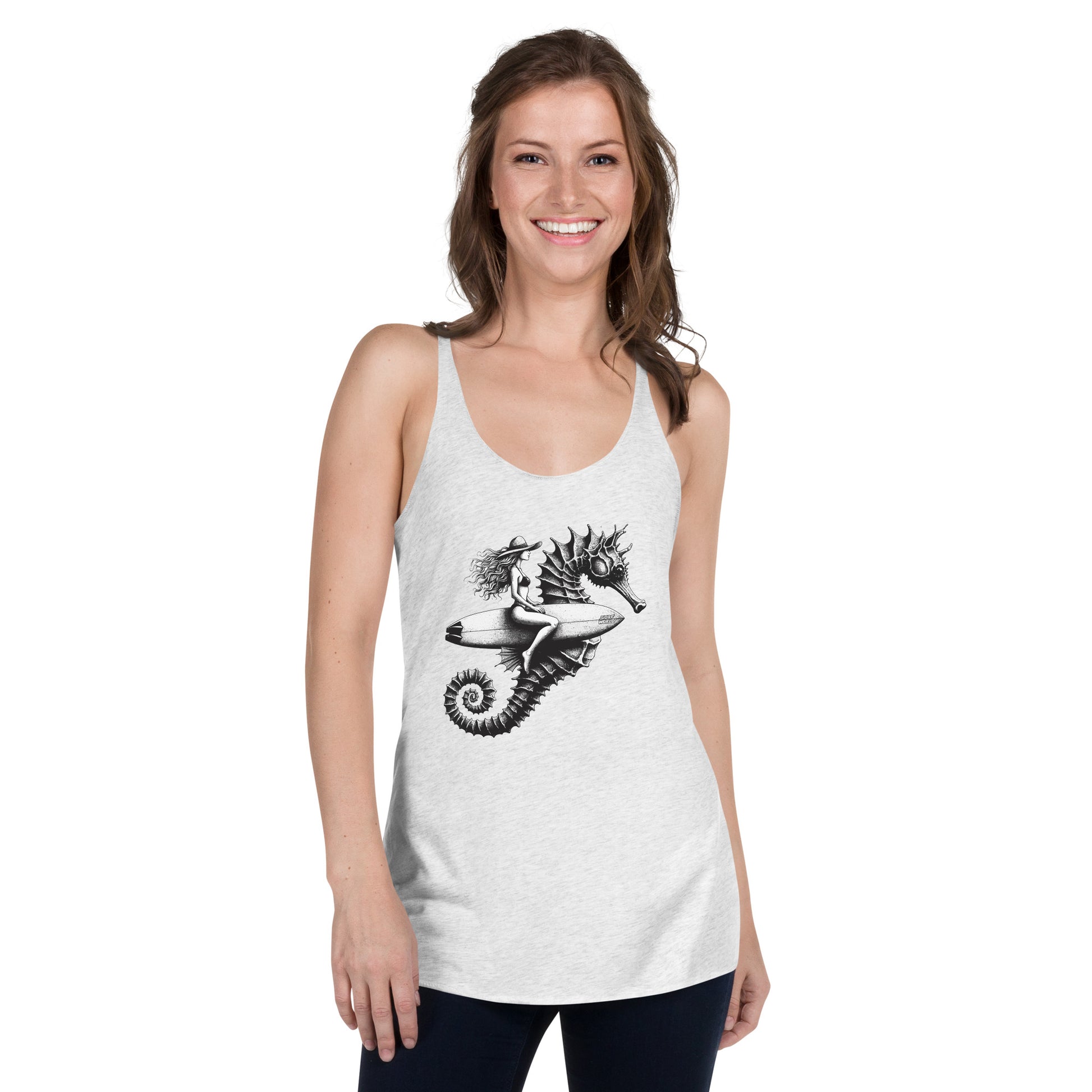 Surf World Seahorse Girl Women's Racerback Tank Womens Tank Heather White