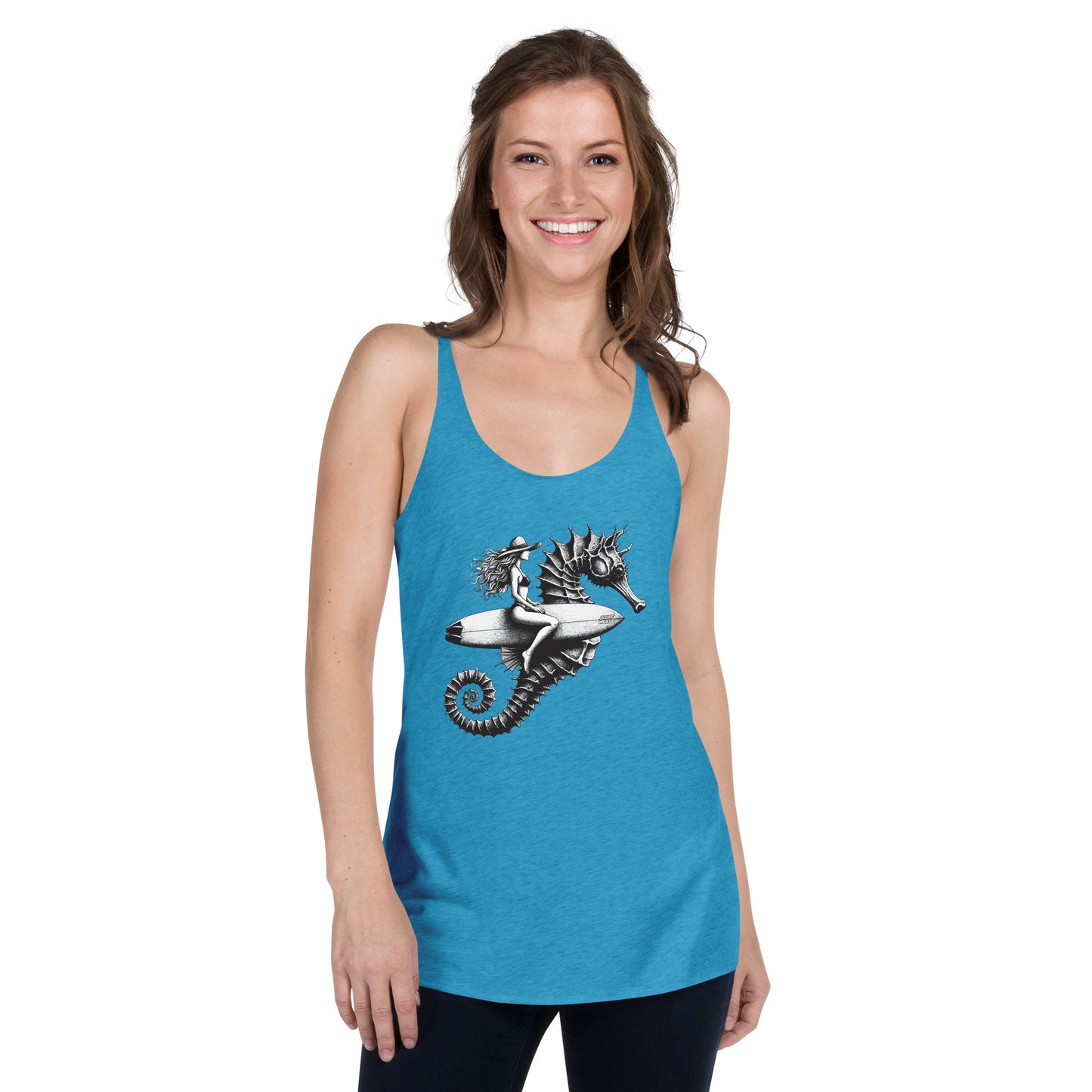 Surf World Seahorse Girl Women's Racerback Tank Womens Tank Vintage Turquoise